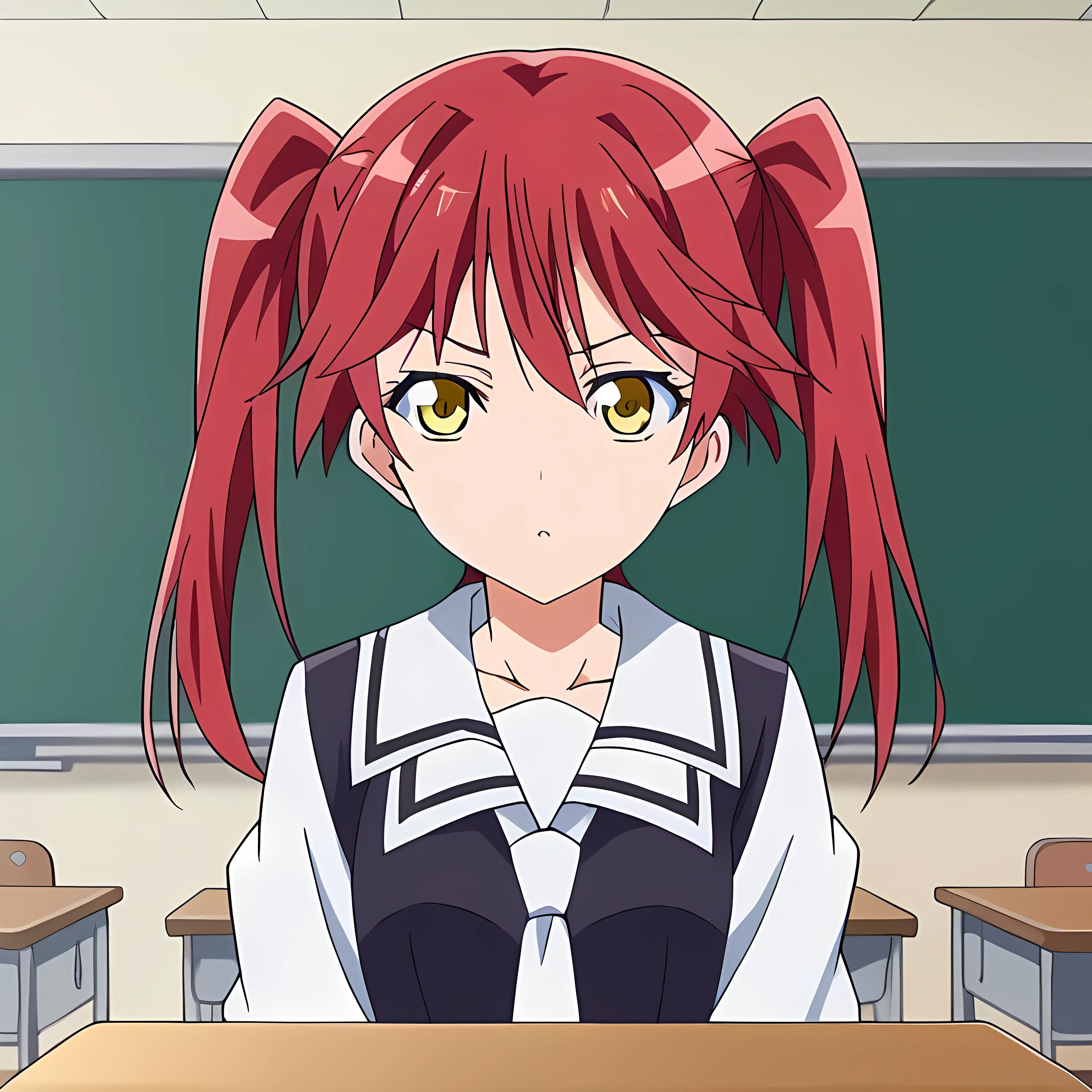  source_anime, pigtails, yellow eyes, red hair,
indoors, classroom,
solo icon 