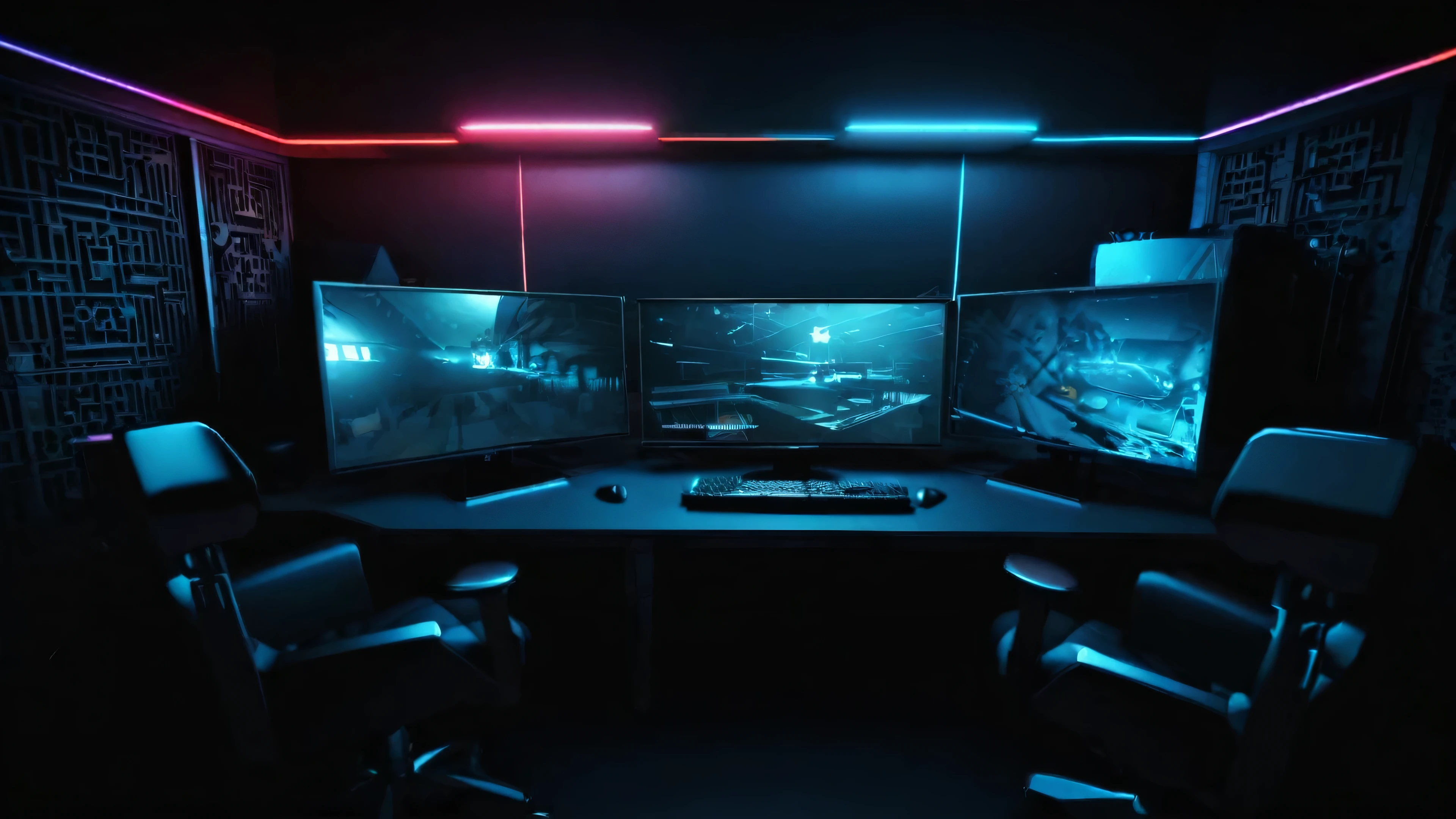 Modern dark closeup gamer room background with neons and computers