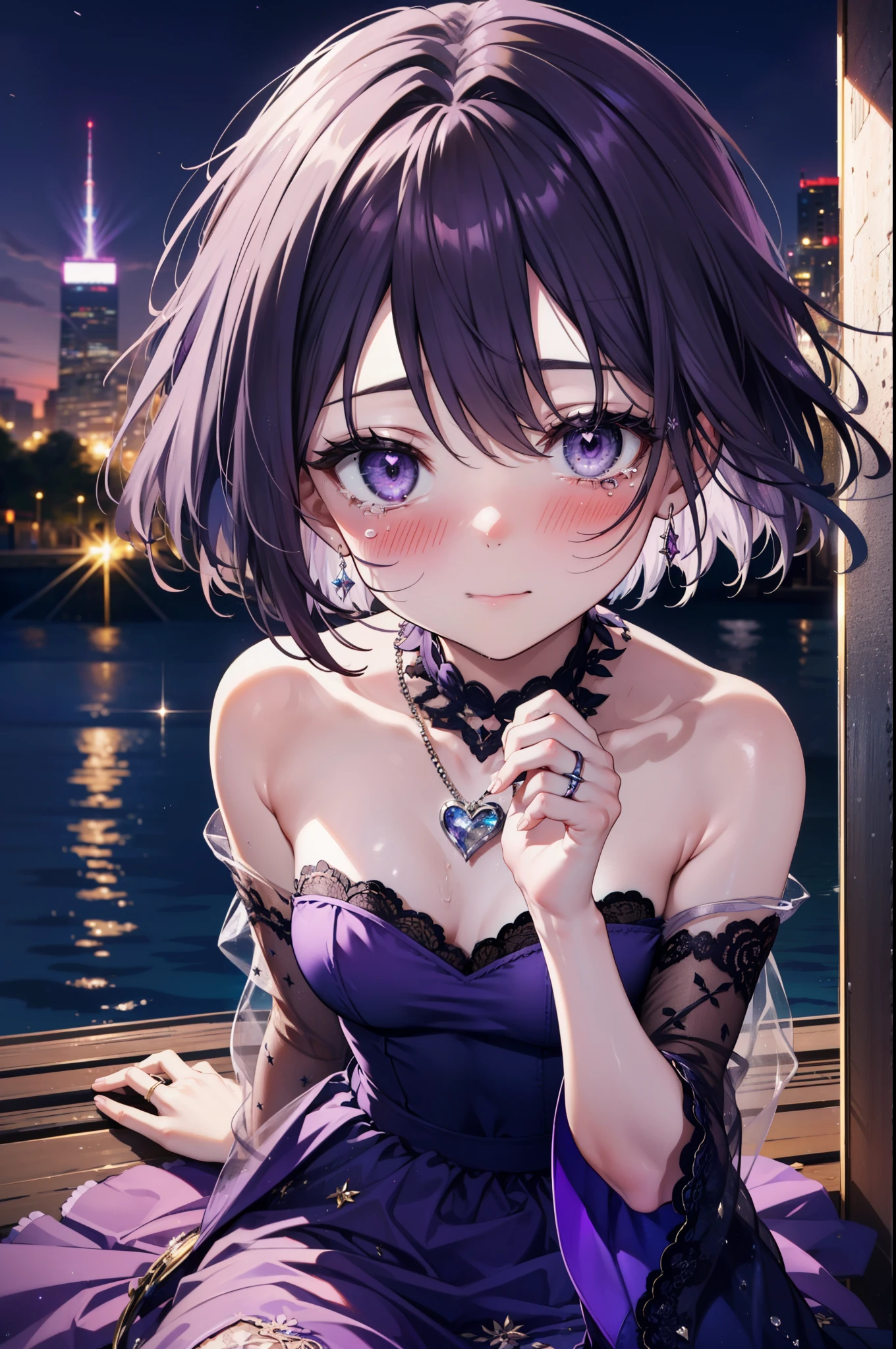 yuukikonno, Yuki Konno,Black Hair,short hair,Bob Hair ,Green headband,(Purple eyes:1.5), (Small breasts:1.2), smile,Purple Dress,Purple long skirt,purple stiletto heels,No sleeve,Expose your shoulders,Bare arms,Bare neck,bare clavicle,Wearing a wedding ring on the left hand,Heart Necklace,Tears stream down her face,Tears of joy,I cry a lot,Romantic night view,moonlight,whole bodyがイラストに入るように、
break outdoors, hill,
break looking at viewer, whole body,
break (masterpiece:1.2), highest quality, High resolution, unity 8k wallpaper, (shape:0.8), (Beautiful details:1.6), Highly detailed face, Perfect lighting, Highly detailed CG, (Perfect hands, Perfect Anatomy),