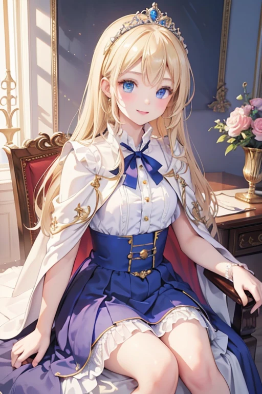 masterpiece, highest quality, Very detailed, 16k, Ultra-high resolution, Perfect Fingers, Detailed face, 14-year-old girl, princess, blue eyes, Blonde, Smile, Crimson classic dress, Gorgeous dress, shawl, Cape, Gorgeous skirt, Drawers, A gorgeous tiara on her head, royal palace, Sitting on the throne