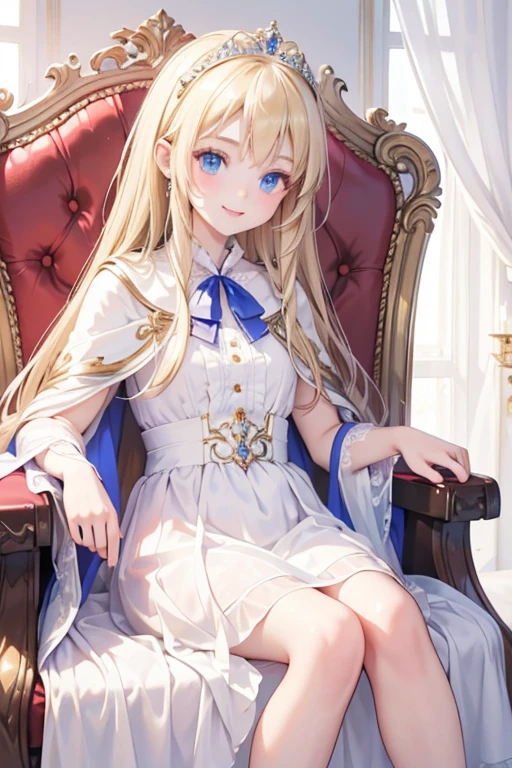 masterpiece, highest quality, Very detailed, 16k, Ultra-high resolution, Perfect Fingers, Detailed face, 14-year-old girl, princess, blue eyes, Blonde, Smile, Crimson classic dress, Gorgeous dress, shawl, Cape, Gorgeous skirt, Drawers, A gorgeous tiara on her head, royal palace, Sitting on the throne