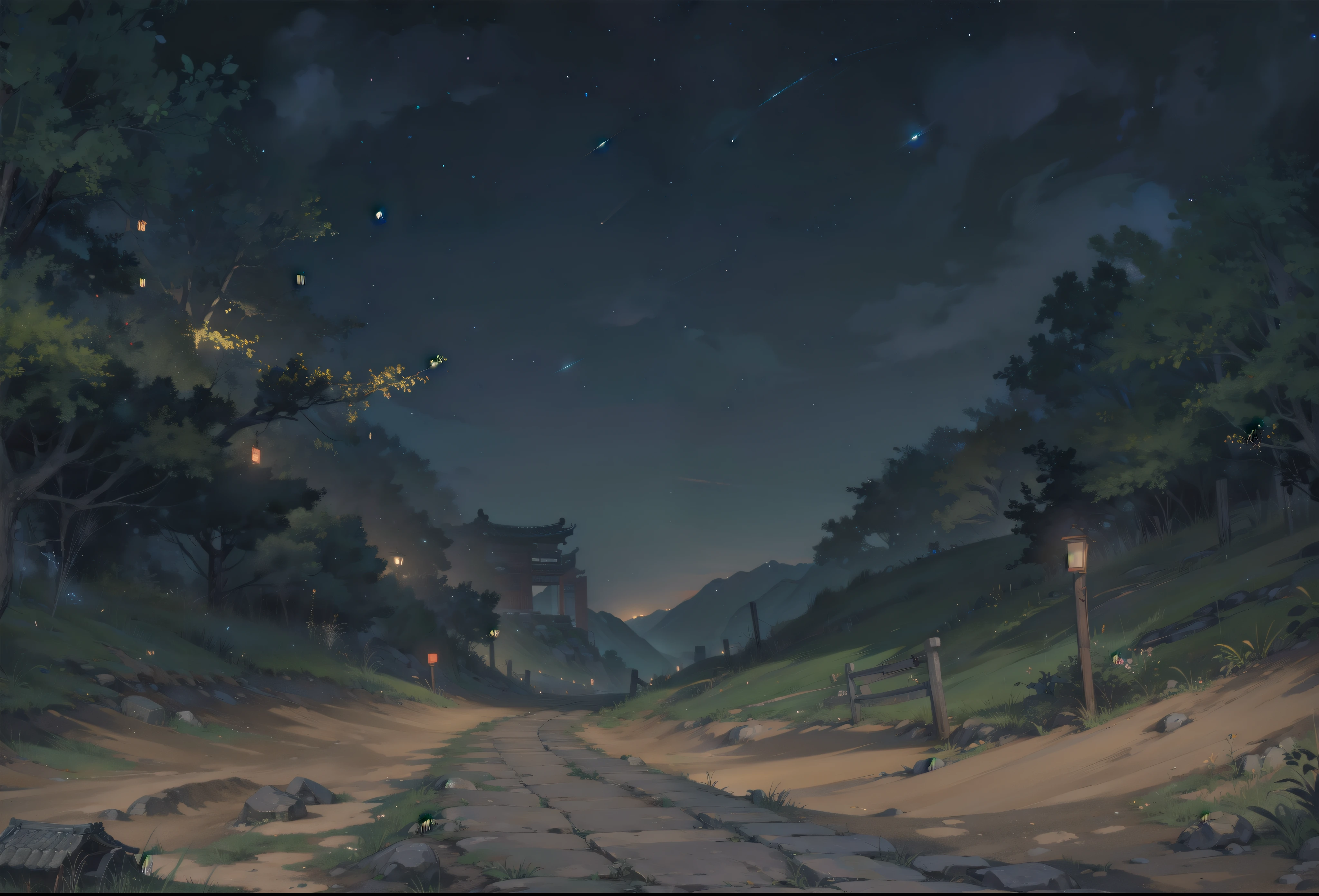 inside Old ancient chinese road, ancient road, ground, dirt, nightime, stars, common road, nature, in the middle of nowhere,