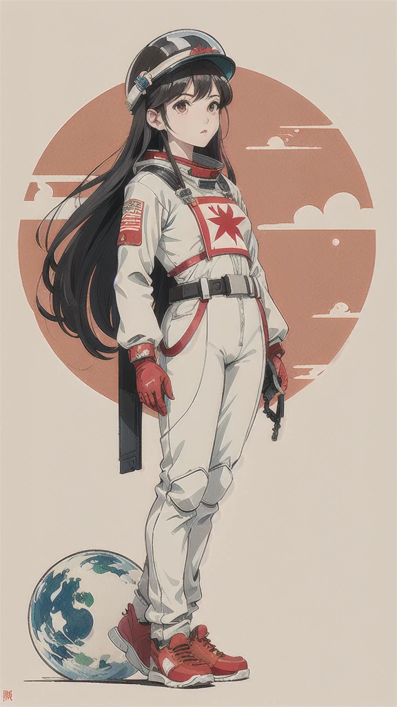 8k，1 Girl,flat_breast,Lovely,beautiful detailed Eye,shiny hair,visible through hair,hairs between Eye, CCCP poster, Soviet Unionposter,Red monochrome,Soviet Union poster, Soviet Union,communism,
Black_hair,Red_Eye,vampire,teenager,breast不好,Space suit:orange_clothing_Body:One-piece Pants),White_Gloves, White_Space shoes, White_helmet, the CCCP Red letters on the top of helmet, weightlessness, Side Light, reflection, 穿着Space suit的人位于画面左下方, Right hand extended, Right hand gently touches the Salyut space station), The space station in the upper right corner of the screen, 太阳reflection光, silvery metal,Red flag, brilliant,Soviet Union风格, diffuse reflection, metallic feel, The blue earth in the distance,Mecha style,Sea of Stars,high pitch, Gorgeous