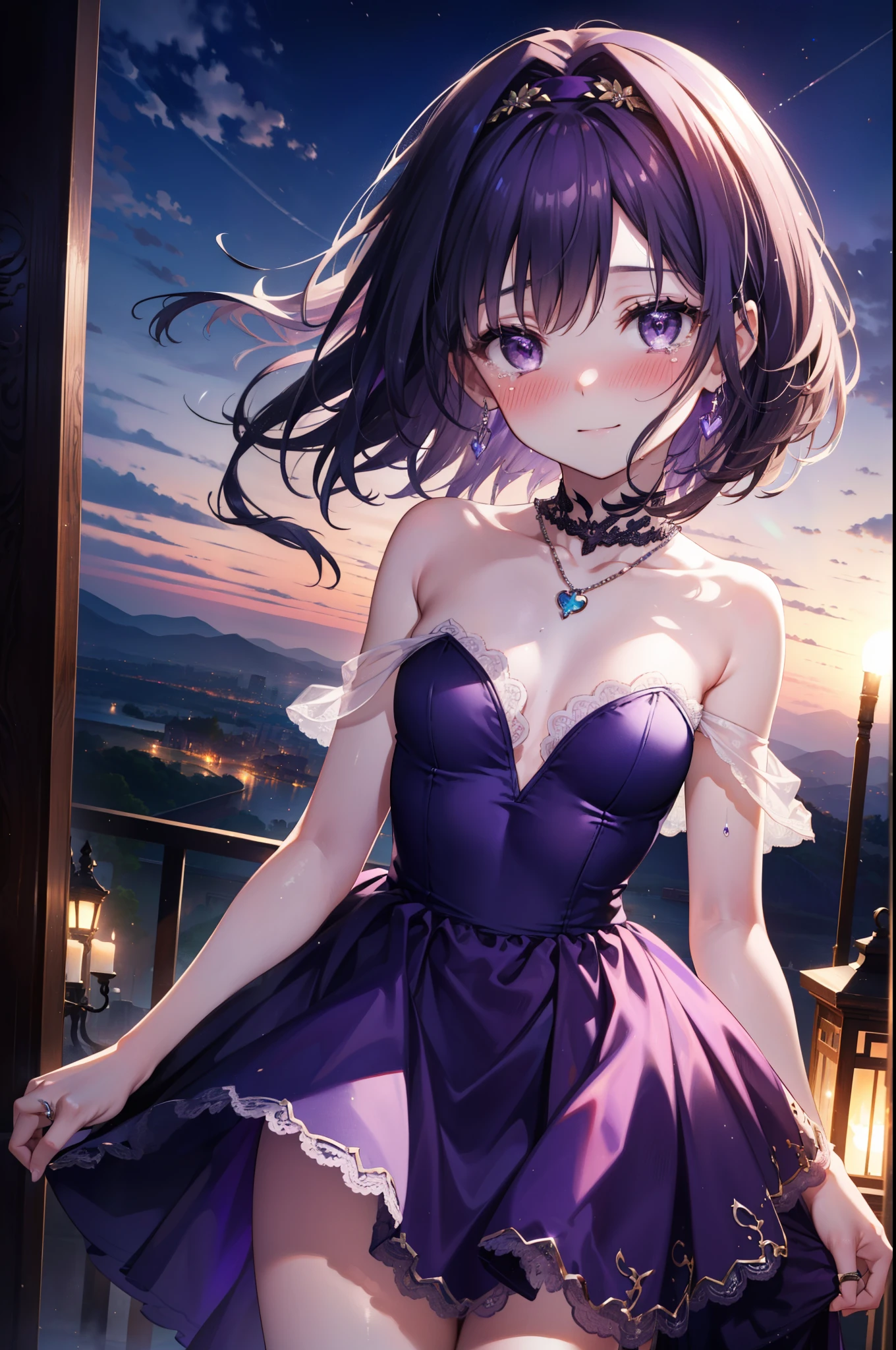 yuukikonno, Yuki Konno,Black Hair,short hair,Bob Hair ,Green headband,(Purple eyes:1.5), (Small breasts:1.2), smile,Purple Dress,Purple long skirt,purple stiletto heels,No sleeve,Expose your shoulders,Bare arms,Bare neck,bare clavicle,Wearing a wedding ring on the left hand,Heart Necklace,Tears stream down her face,Tears of joy,I cry a lot,Romantic night view,moonlight,
break outdoors, hill,
break looking at viewer, (Cowboy Shot:1.5),
break (masterpiece:1.2), highest quality, High resolution, unity 8k wallpaper, (shape:0.8), (Beautiful details:1.6), Highly detailed face, Perfect lighting, Highly detailed CG, (Perfect hands, Perfect Anatomy),