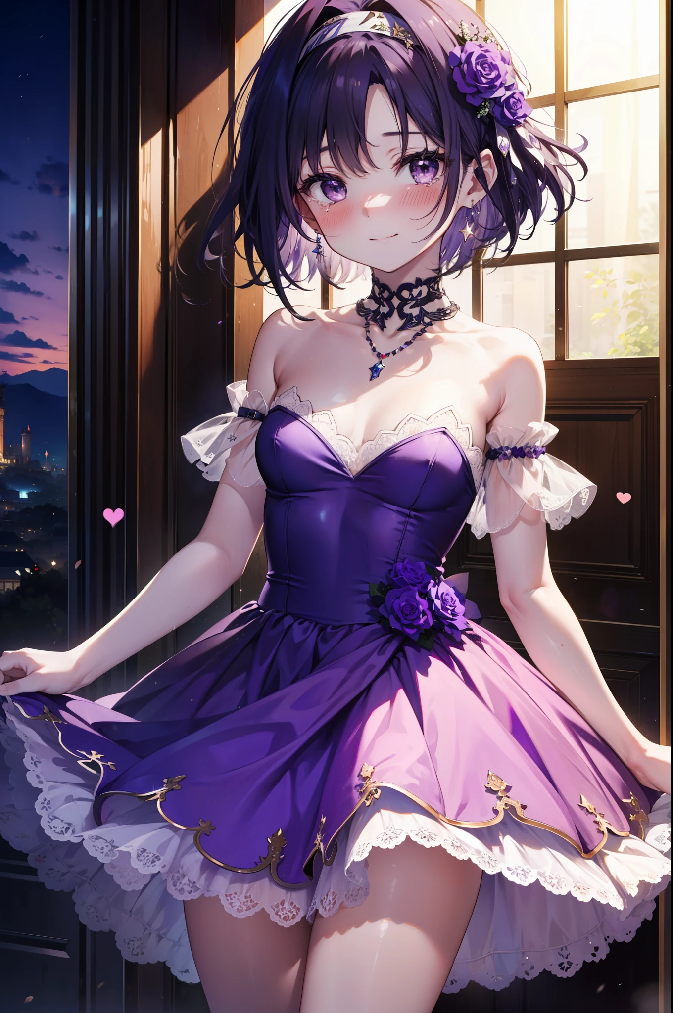 yuukikonno, Yuki Konno,Black Hair,short hair,Bob Hair ,Green headband,(Purple eyes:1.5), (Small breasts:1.2), smile,Purple Dress,Purple long skirt,purple stiletto heels,No sleeve,Expose your shoulders,Bare arms,Bare neck,bare clavicle,Wearing a wedding ring on the left hand,Heart Necklace,Tears stream down her face,Tears of joy,I cry a lot,Romantic night view,moonlight,whole bodyがイラストに入るように、
break outdoors, hill,
break looking at viewer, whole body,
break (masterpiece:1.2), highest quality, High resolution, unity 8k wallpaper, (shape:0.8), (Beautiful details:1.6), Highly detailed face, Perfect lighting, Highly detailed CG, (Perfect hands, Perfect Anatomy),