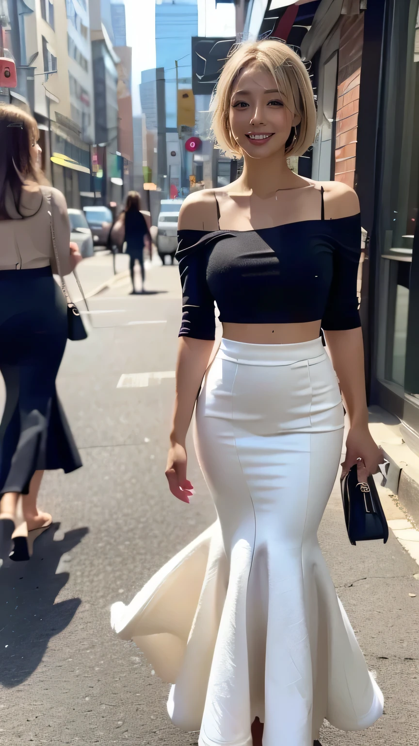 (Woman walking in the city:1.3、The background is the street)、(Realistic、Like a photograph、Live Action、8k, Photorealistic, RAW Photos, Best image quality: 1.4), Single-lens reflex camera、RAW Photos, highest quality, Realistic, Highly detailed CG Unity 8k wallpaper, Written boundary depth, Cinematic Light, Lens flare, Ray Tracing, Realistic background、(Tight blouse:1.2、(mermaidskirt:1.5,Long skirt)、Large Breasts:1.4))、((Ultra-dense skin))、 1 female,Cute Japanese Gal、((whole body:1.5),Look Up:1.1、smile、(Short Hair、Blonde:1.3)、I like that style、Stylish、Very detailed、Pay attention to the details、Perfect outfit、(Sunburned skin)、Beautiful legs:1.1,Anatomically correct body、Accurate Fingers、Are standing、View from the front