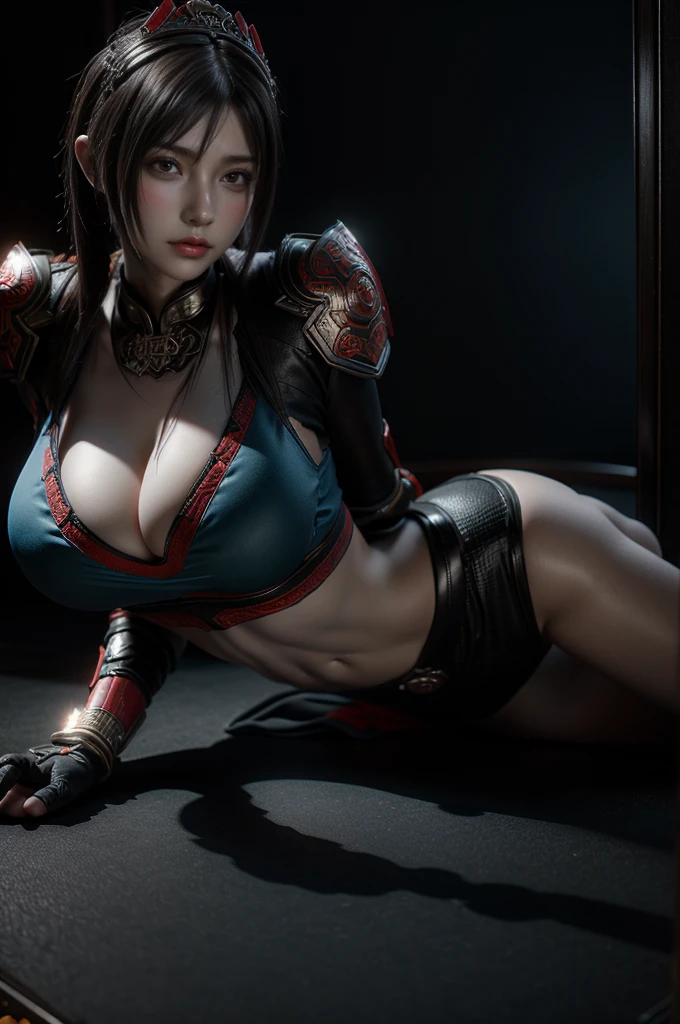 masterpiece,Game Art,Best picture quality,Maximum resolution,8K,(portrait),Unreal Engine 5 rendering works,(Digital Photography),
girl,beautiful pupils,(Gradient short hair blue red),plump,(Large Breasts),(portrait photography:1.5),
(chivalrous women of tang dynasty),Casual Hairstyle,delicate face,(Full breasts,Large Breasts),Serious,Cool and elegant,(Wear combat armor with Chinese costume characteristics,complex patterns,Mysterious light,hollow armor),(red and black),Ancient fantasy style character movie lighting，Ray Tracing，Game CG，((3D Unreal Engine))，oc render reflection texture