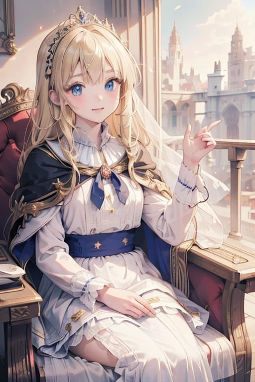 masterpiece, highest quality, Very detailed, 16k, Ultra-high resolution, Perfect Fingers, Detailed face, , princess, blue eyes, Blonde, Smile, Crimson classic dress, Gorgeous dress, shawl, Cape, Gorgeous skirt, Drawers, A gorgeous tiara on her head, royal palace, Sitting on the throne