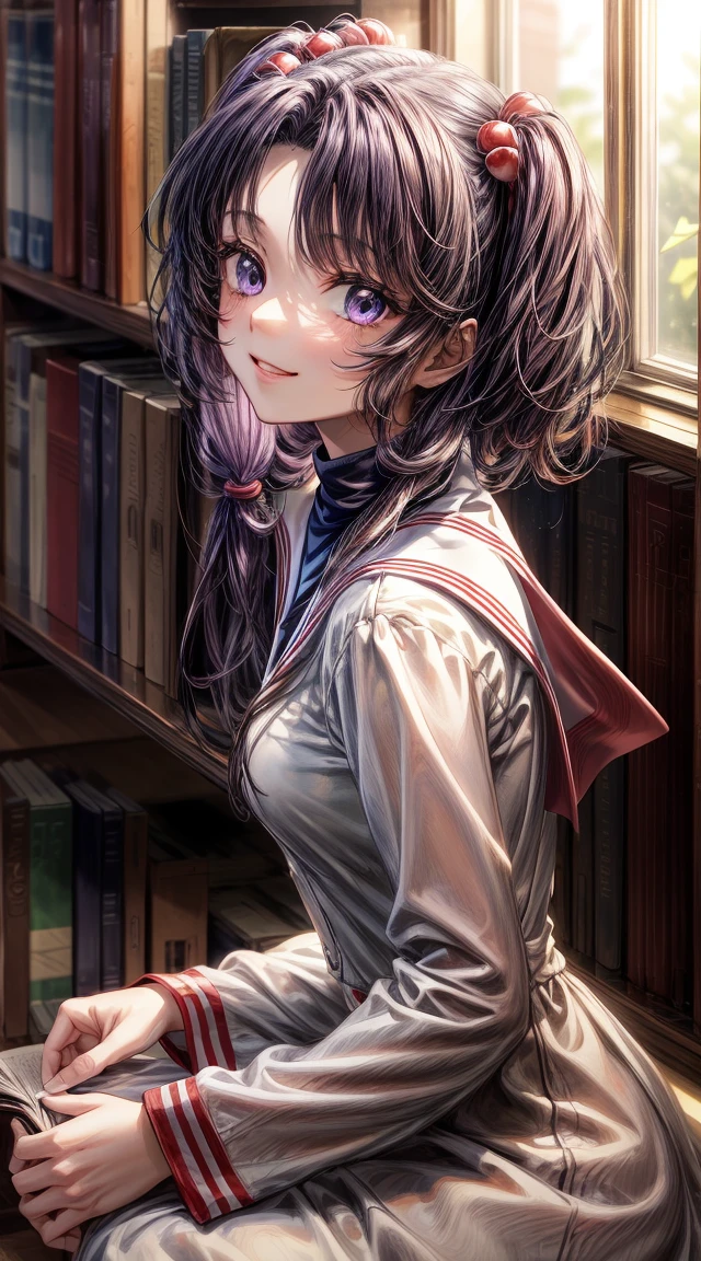 anime art, (masterpiece, best quality, perfect face, highest detailed face, colorful), 1girl. (((Kotomi))), face focus, full body, (((white dress:1.2))), purple hair, purple eyes, slight smile, beautiful eyes, looking at viewer, library at background, sunlight passing through hair, (extreme detailed, intricate details, cozy light)