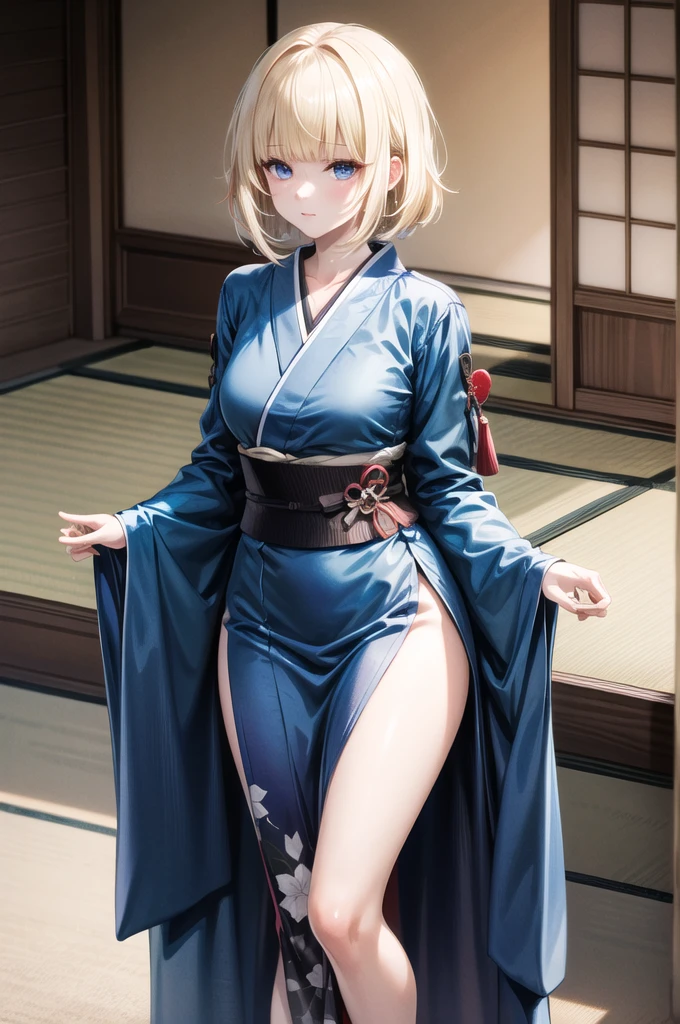 1Lady, short white hair, bangs, blue eyes, blue kimono, traditional japanese, high res, ultrasharp, 8K, masterpiece, looking at viewer, sunny, Japanese scenery