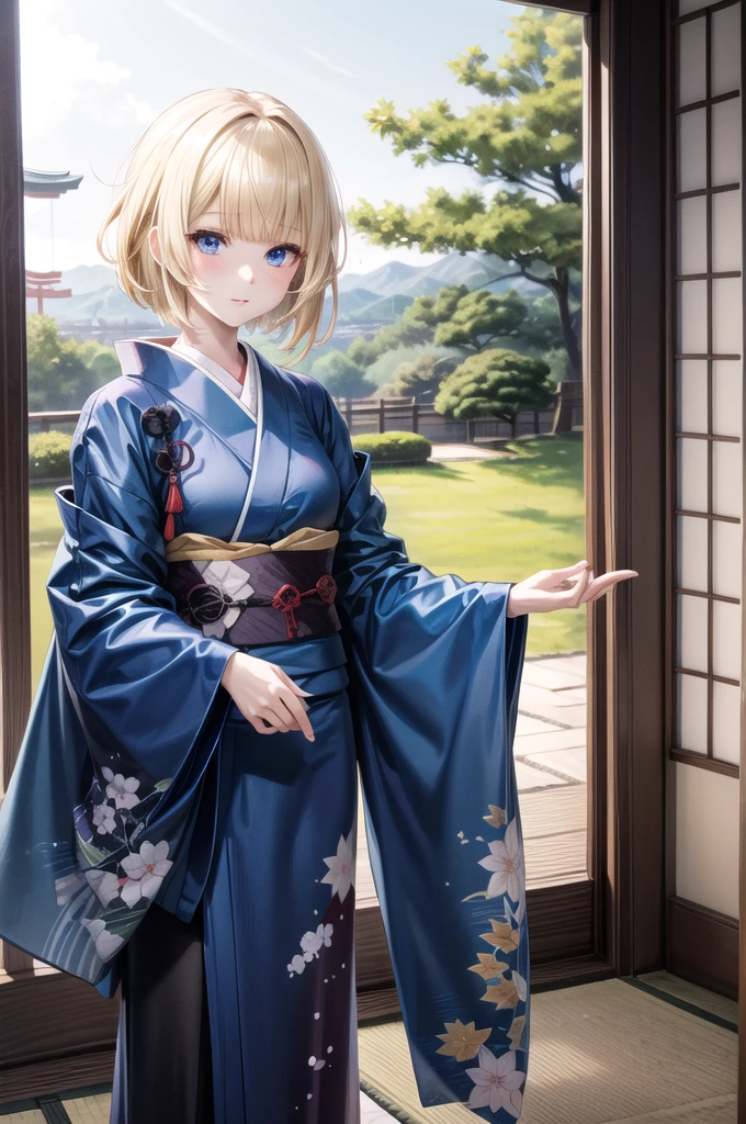 1Lady, short white hair, bangs, blue eyes, blue kimono, traditional japanese, high res, ultrasharp, 8K, masterpiece, looking at viewer, sunny, Japanese scenery