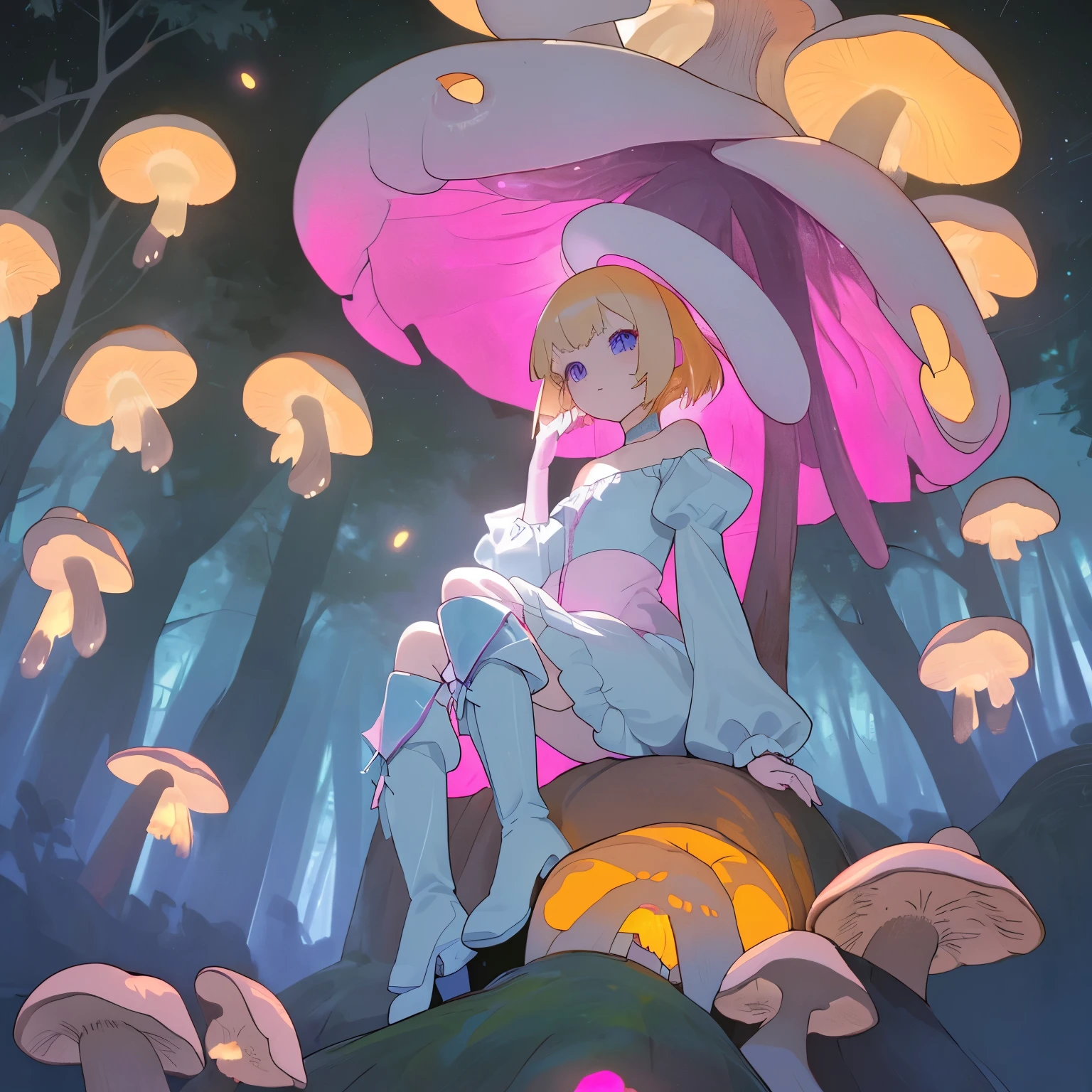 A light blonde haired anime girl with pale blue purple eyes、Wearing a pink off-the-shoulder puffy sleeve dress and knee-length white boots、Under the stars、Sitting in the woods next to an orange mushroom surrounded by fireflies。  