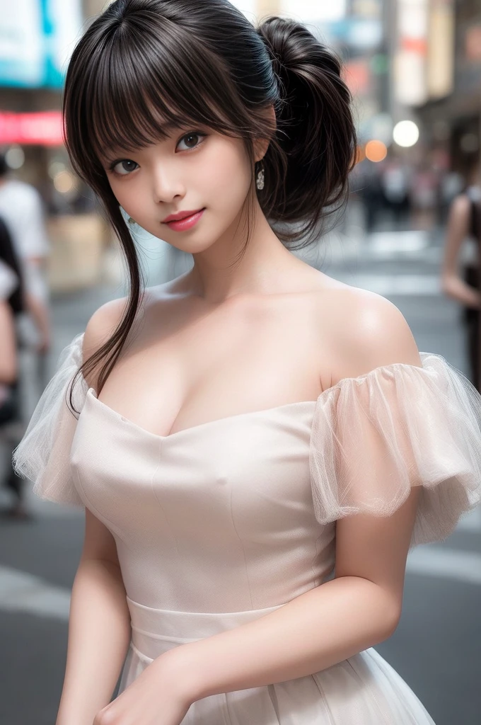 highest quality、Natural Lip、Fair skin、Great light、Beautiful lighting、((Straight hair))、((Ponytail Hair))、((Black Hair))、Blunt bangs、Off the shoulder、Large Breasts、Large Breasts Cleavage、White crop top、mini skirt、Gorgeous Accessories、Harajuku at night、smile、cute smile、Crowd in the city at night