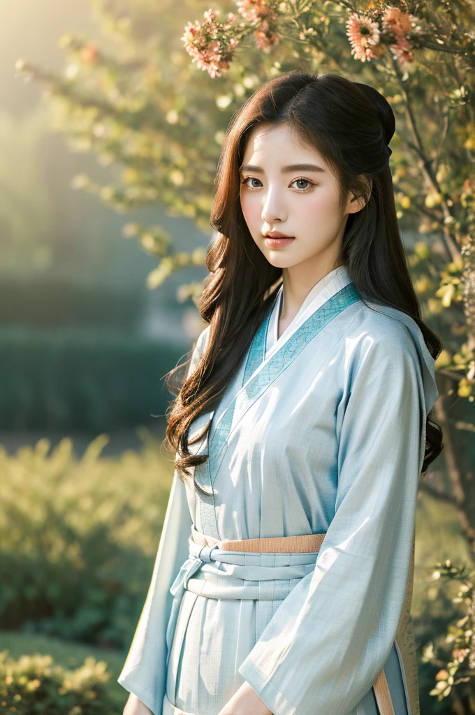( masterpiece, top quality, best quality,8k,years old girl,ultra detailed,raw photo:1.5),(photorealistic:1.4), (cinematic lighting), PerfectNwsjMajic, , Surrealism, UHD, ccurate, Super detail, textured skin, High detail, Best quality, dynamic angle, White skin,[Beautiful blue eyes], high nose,(1girl),(good anatomy:0.5)), Dreamy atmosphere,expressive brush strokes, mystical ambiance, Artistic interpretation, a whimsical illustration, Subtle colors and tones, mystical aura, Woman wearing traditional Korean costume,(hanbok:1.3), Joseon dynasty, jeogori,chima,and the po,portrait,(long straight hair:1.5), flower,warm sun, The background is the garden 