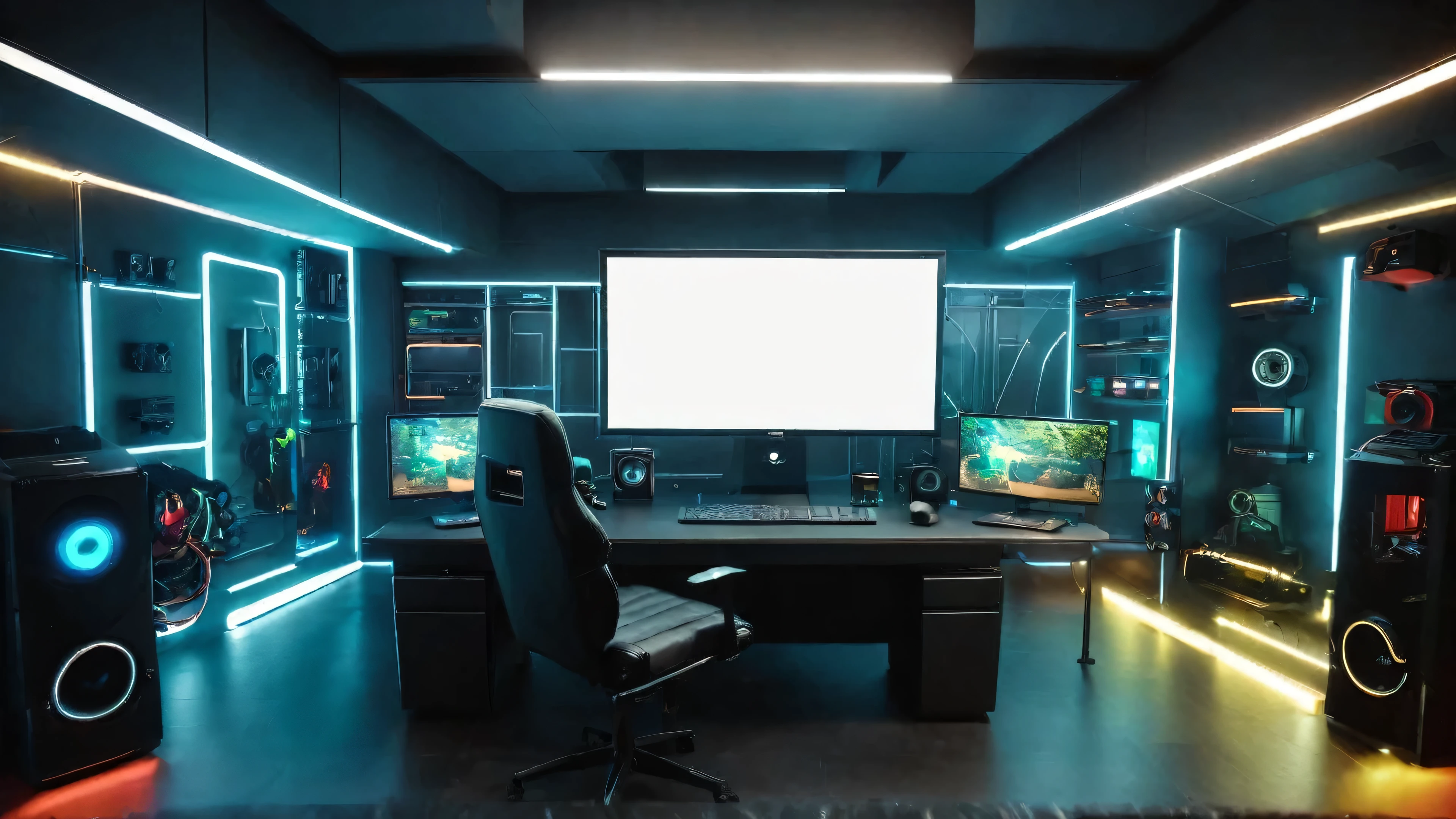 Modern dark closeup gamer room background with neons and computers