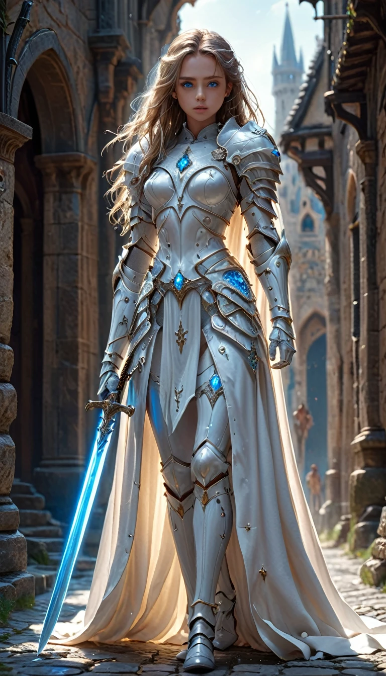 amazing quality, masterpiece, best quality, hyper detailed, ultra detailed, UHD, beautiful girl, perfect anatomy, perfect body, model, stylish pose, wearing full body fantastic white armor with white cape, holding crystal sword, walking, medieval road, (random color:1.4),
long hair, various hairstyles, blue eyes, glowing eyes,
extremely detailed,