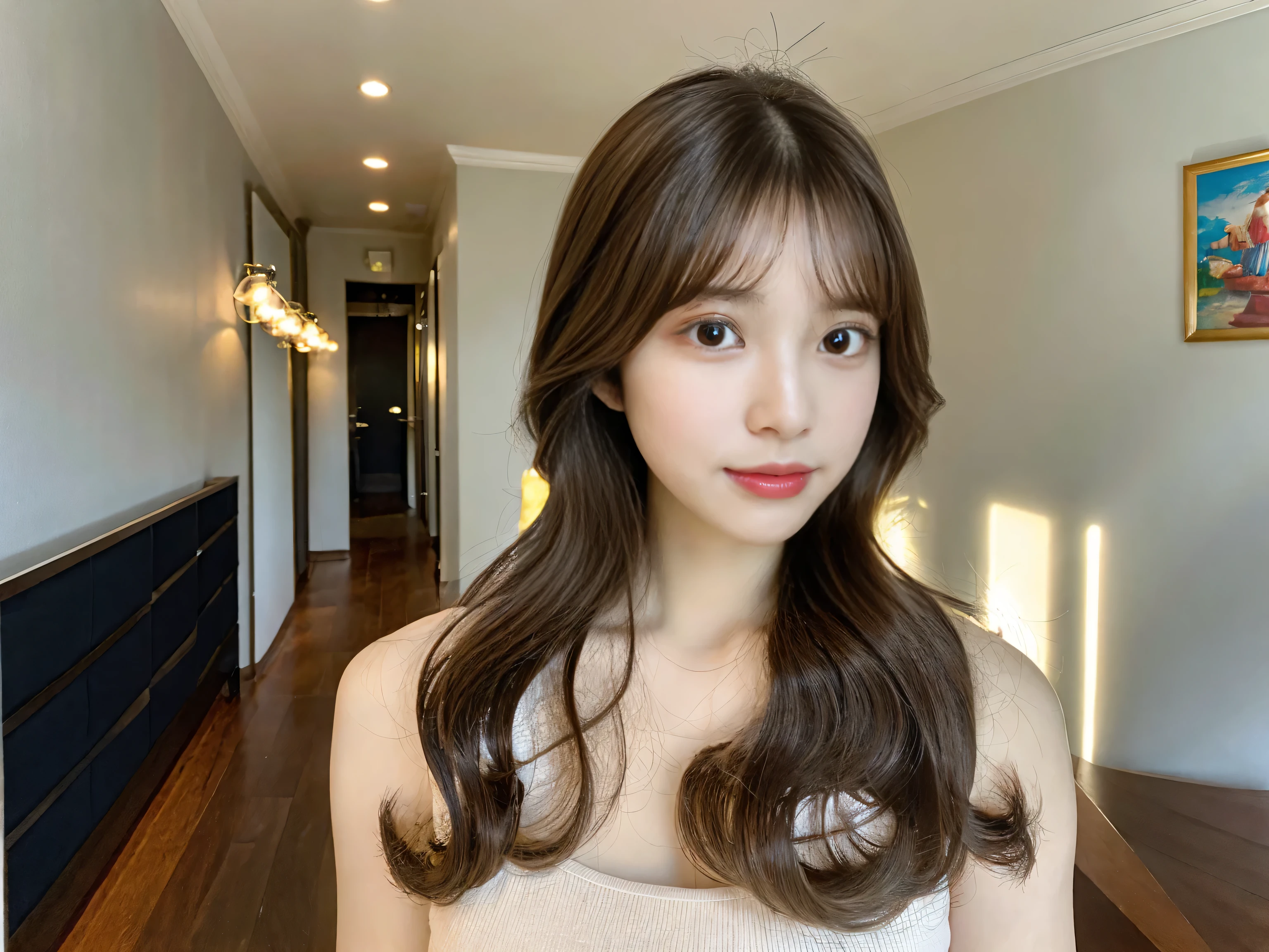 8k、hyper quality、1 female(Long Hair、Long eyelashes、Beautiful nose muscles、Big eyes、Thin lips、Well-formed face)、Slim and busty、Selfie with upper body、In the bedroom