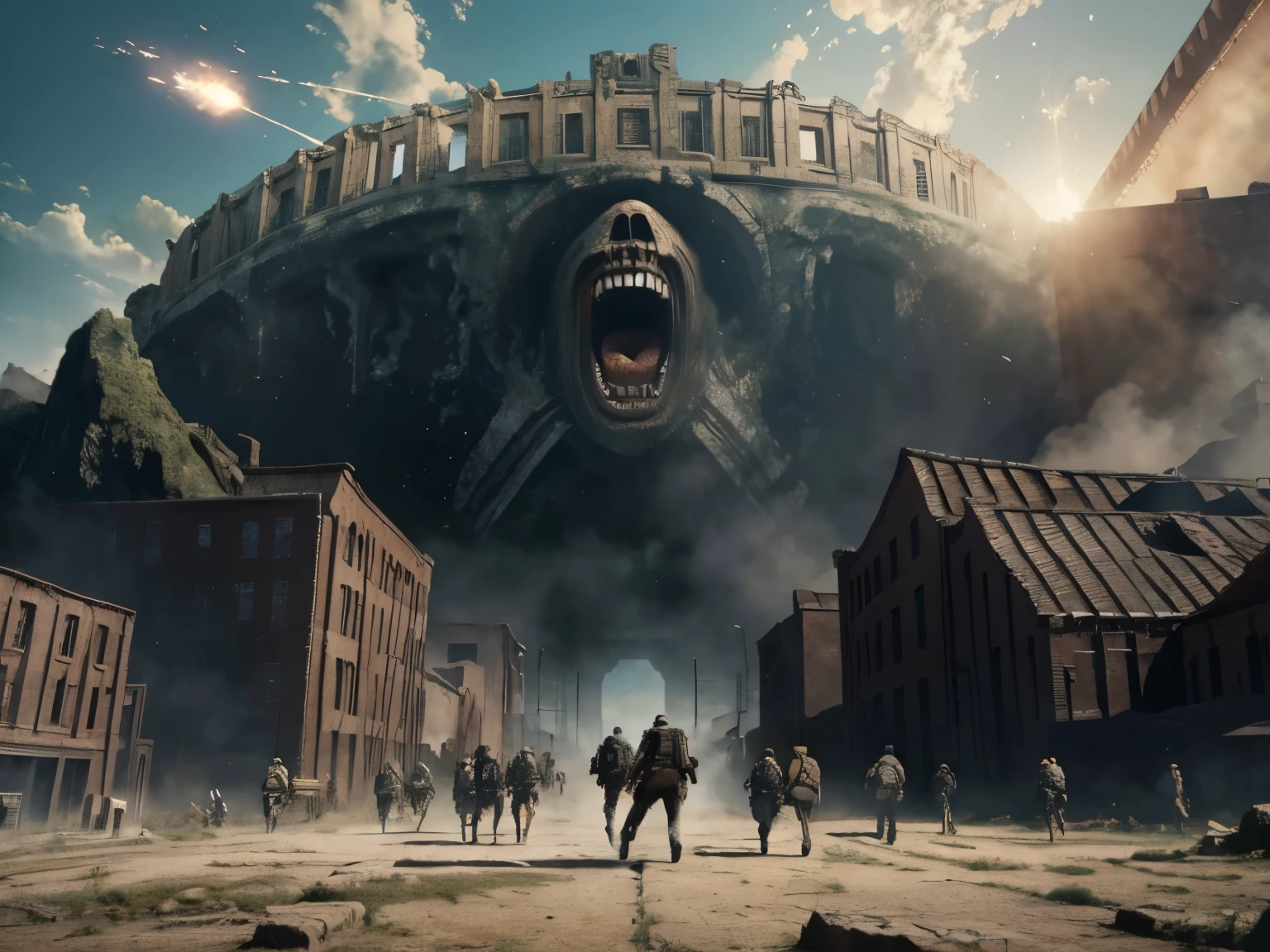 Attack on Titan,Epic painting,Huge background,Many giants are running from afar,