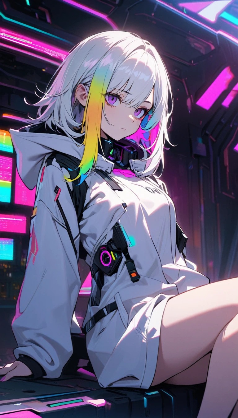 Handsome, Solitary, 1 female, Medium Length Hair, white hair, Rainbow hair, Purple Eyes, Black and white hood, Futuristic, Cyberpunk, Cybernetics,Bare legs