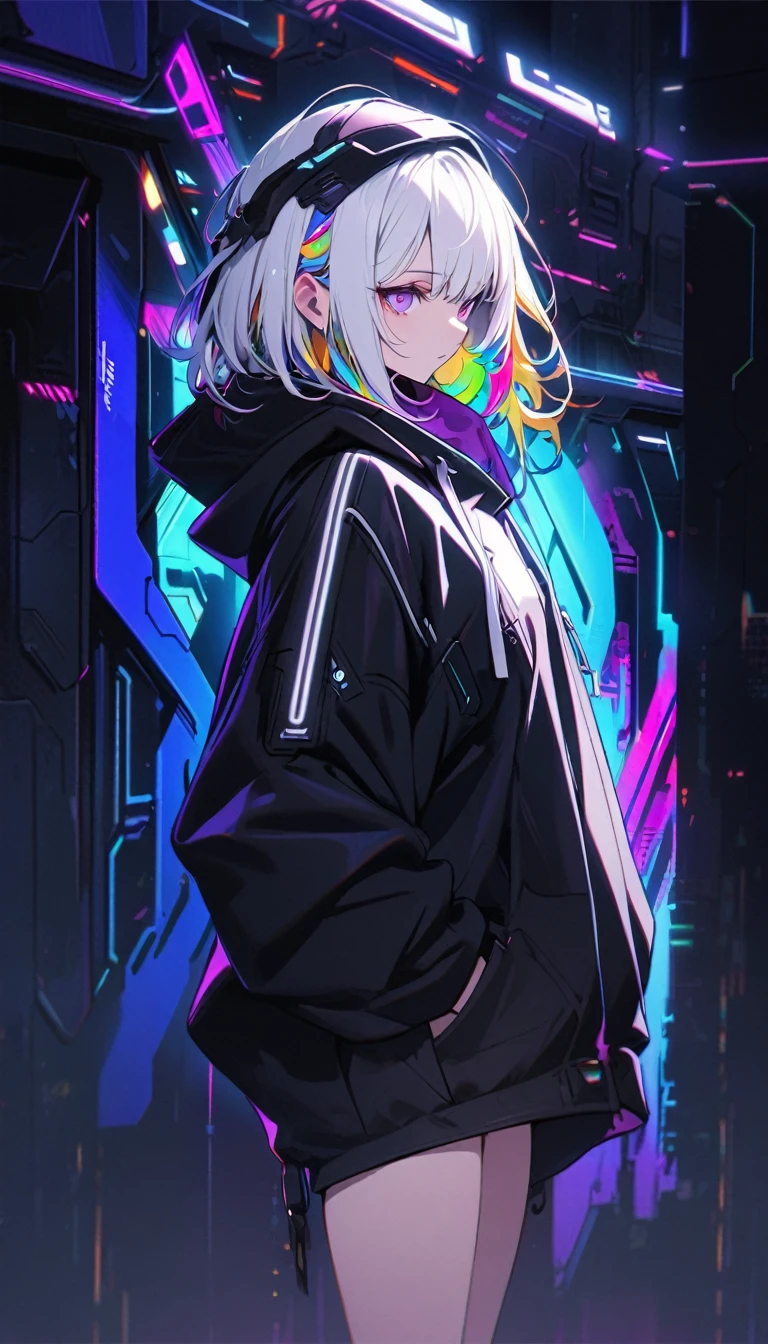 Handsome, Solitary, 1 female, Medium Length Hair, white hair, Rainbow hair, Purple Eyes, Black and white hood, Futuristic, Cyberpunk, Cybernetics，Bare legs