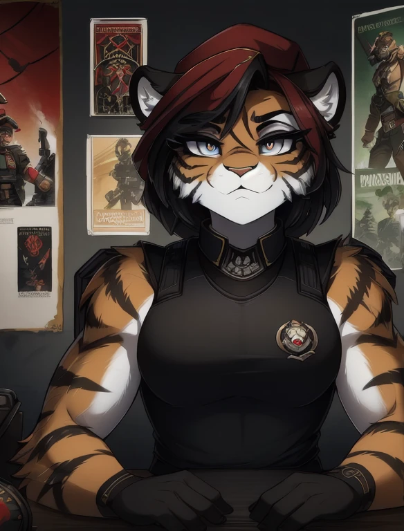 Warhammer_40 thousand_Commissar,((masterpiece)), (Best quality), (detailed), Black uniform sleeveless shirt , mascara, Eyeliner, eyeshadow, Upper body, pomade, женщина anthro furry tiger, Propaganda poster, wicked, bristle,
(8k contract, masterpiece, Best quality, High quality, absurdity, ultra-detailed)
