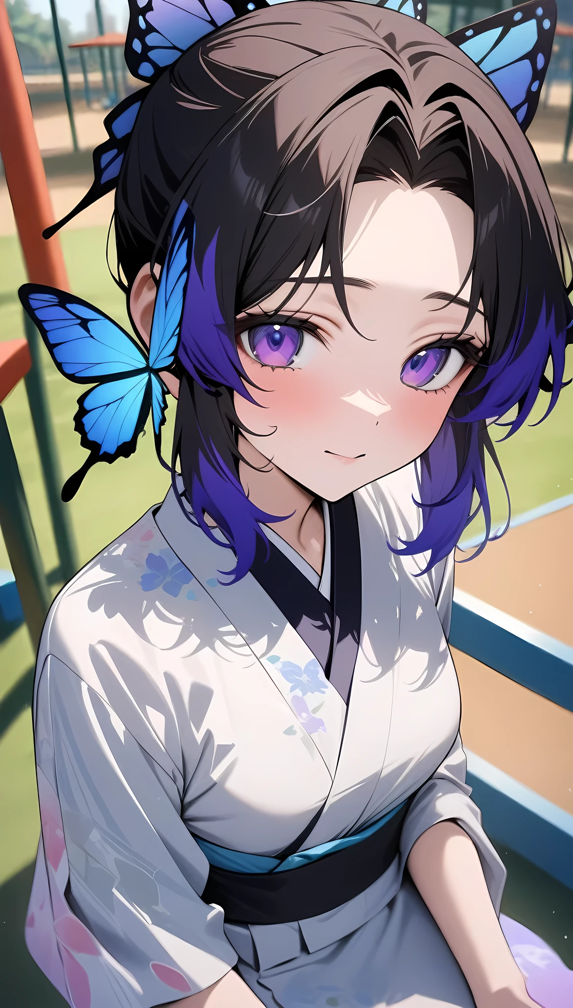 masterpiece, best quality, very aesthetic, absurdres, newest,,Kochou Shinobu, Decorate your hair with a butterfly, violet eyes, multi-colored hair, Short hair, Parted bangs, Japanese dress,in a playground