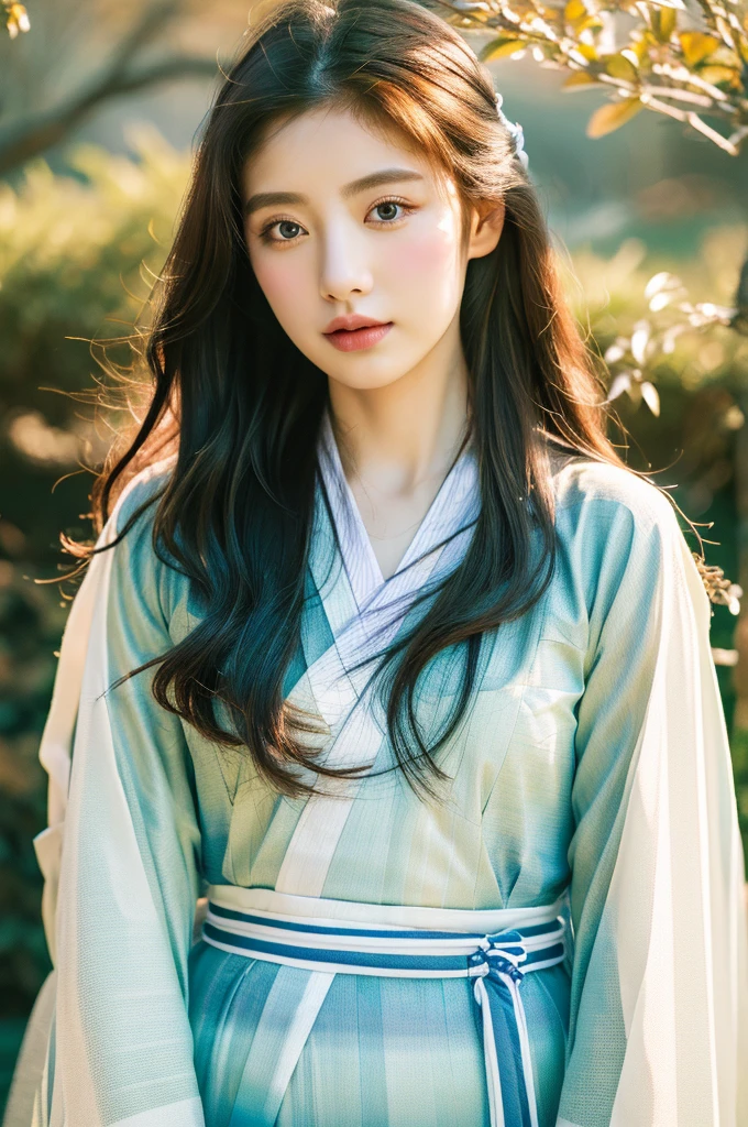 ( masterpiece, top quality, best quality,8k,years old girl,ultra detailed,raw photo:1.5),(photorealistic:1.4), (cinematic lighting), PerfectNwsjMajic, , Surrealism, UHD, ccurate, Super detail, textured skin, High detail, Best quality, dynamic angle, White skin,[Beautiful blue eyes], high nose,(1girl),(good anatomy:0.5)), Dreamy atmosphere,expressive brush strokes, mystical ambiance, Artistic interpretation, a whimsical illustration, Subtle colors and tones, mystical aura, Woman wearing traditional Korean costume,(hanbok:1.3), Joseon dynasty, jeogori,chima,and the po,portrait,(long straight hair:1.5), flower,warm sun, The background is the garden 