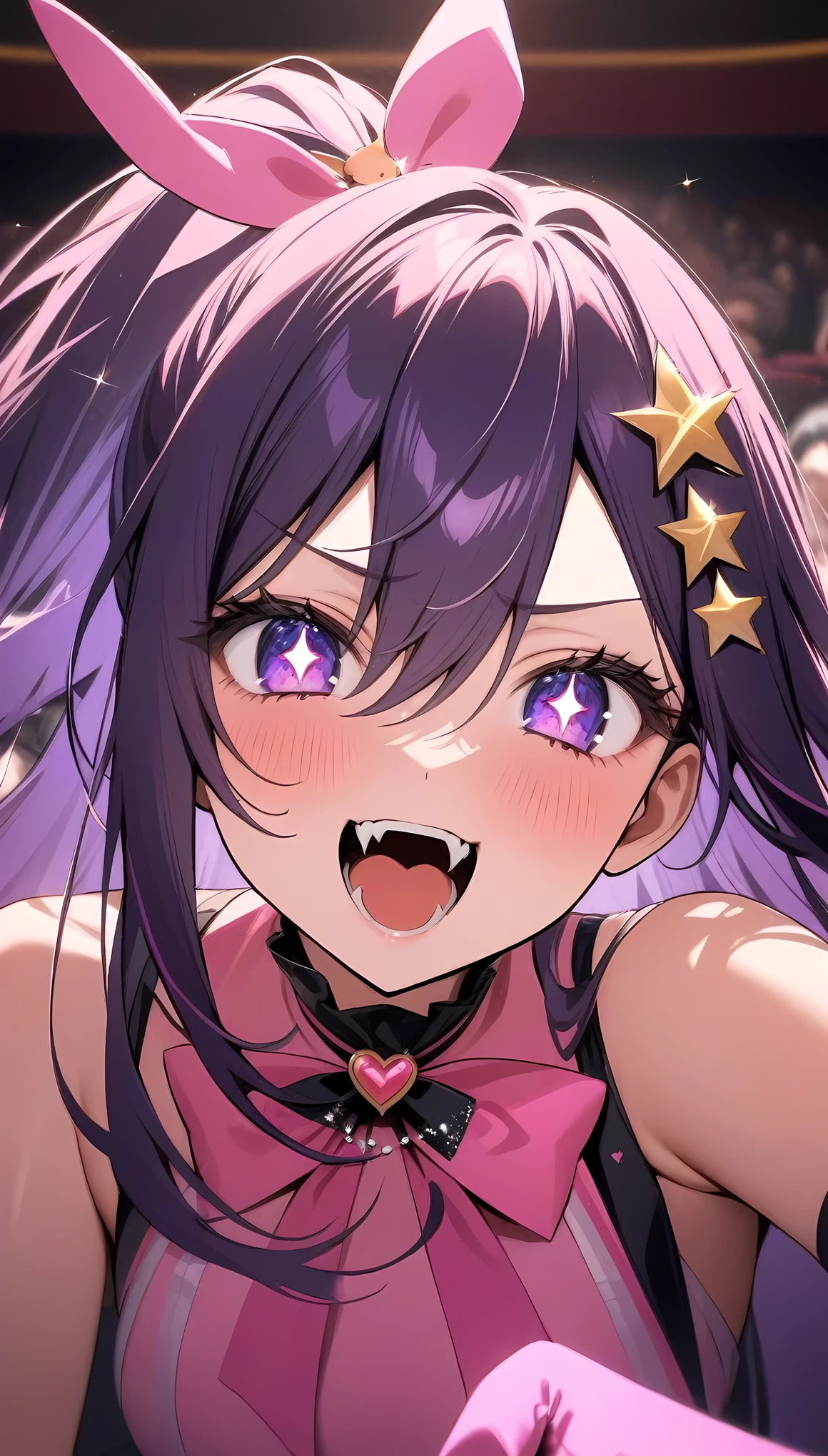 masterpiece, best quality, very aesthetic, absurdres, newest,,hoshino_ai_(oshi_no_ko), 1girl, bare_shoulders, blush, eyelashes, eyes_visible_through_hair, fangs, floating_hair, glint, gloves, hair_between_eyes, hair_ornament, hair_ribbon, heart-shaped_ornament, idol, idol_clothes, long_hair, pink_gloves, pink_ribbon, pink_shirt, purple_eyes, purple_hair, rabbit_hair_ornament, ribbon, shirt, sidelocks, sparkle, star-shaped_pupils, star_(symbol), star_hair_ornament, straight_hair, symbol-shaped_pupils, tsurime,very_long_hair,,in movie theatre
