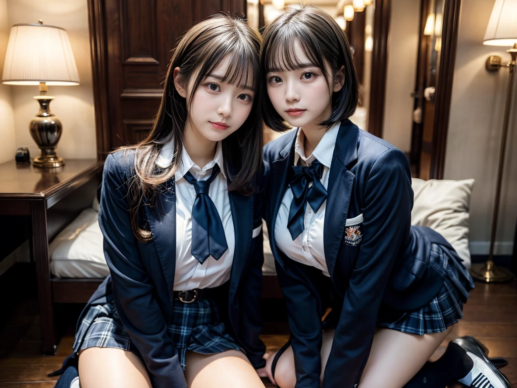 (8K, Raw photography, top-quality, masterpiece:1.2), master piece, best quality, illustration, Super detailed, fine details, High resolution, 8K,wall paper, perfect dynamic composition,(Details High quality, realistic depiction of eyes:1.3), ((2 girls, 2 schoolgirls)), The background is a luxury hotel room、High school girl uniform、blazer 、Super Short Check Uniform Skirt、Navy blue high socks、garterbelts、Colossal tits、Disturbed uniform, Play with each other,Touching each other's bodies,Touching the body of the girl next door, short bob hair, black hair color, huge breasts, Big Natural Color Lip, bold sexy pose, (perfect body shape), crying a little、cold gaze, Beautiful makeup,glitter makeup,Cutest 18 years old, beautiful legs, hposing Gravure Idol, Voluptuous thighs