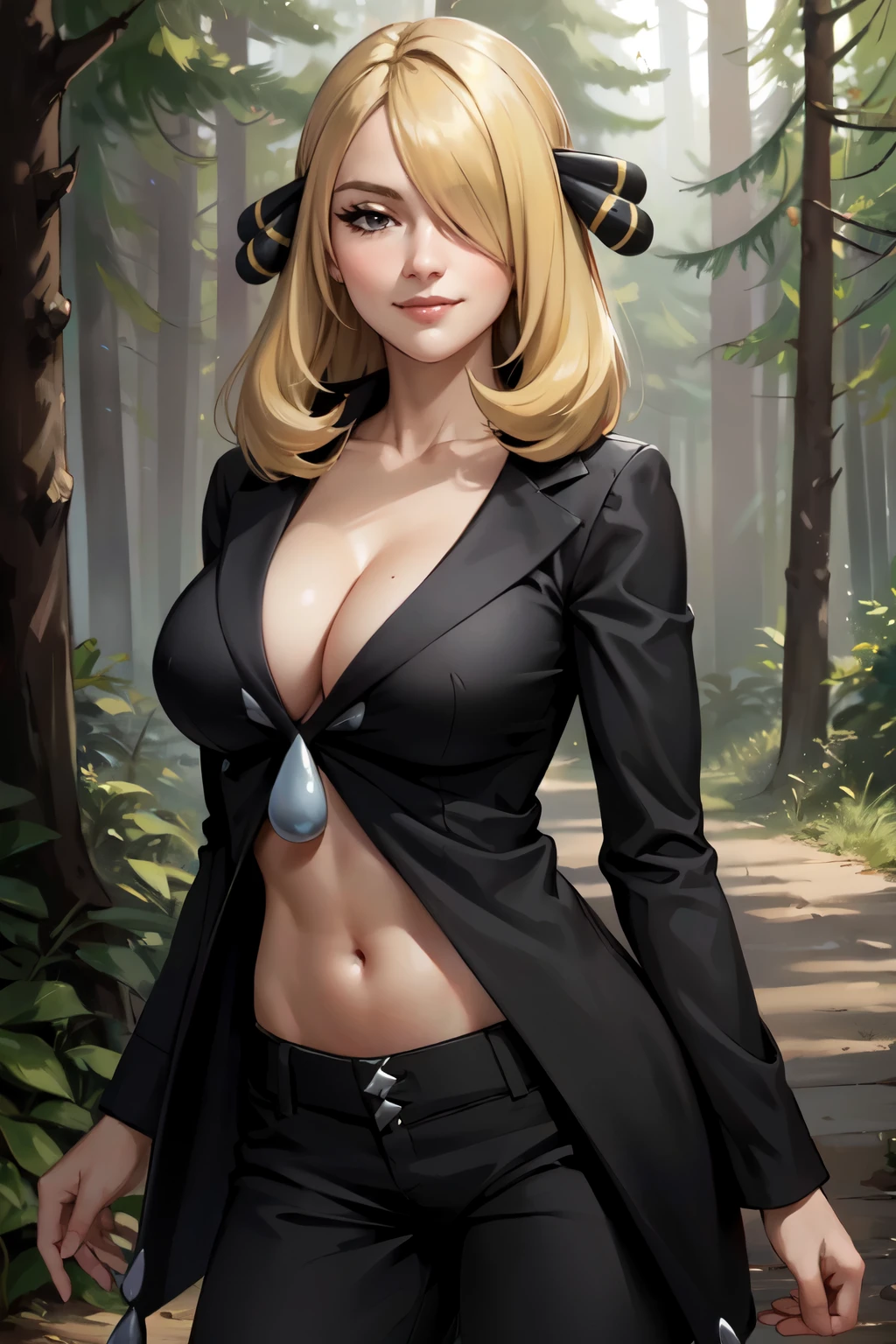 (masterpiece, best quality:1.2), (extremely detailed:1.2), defcynthia //(pokemon)//,blonde hair, hair covering one eye, hair ornament, forest, black coat, black pants, cowboy shot, cleavage, smile, navel, large breasts,