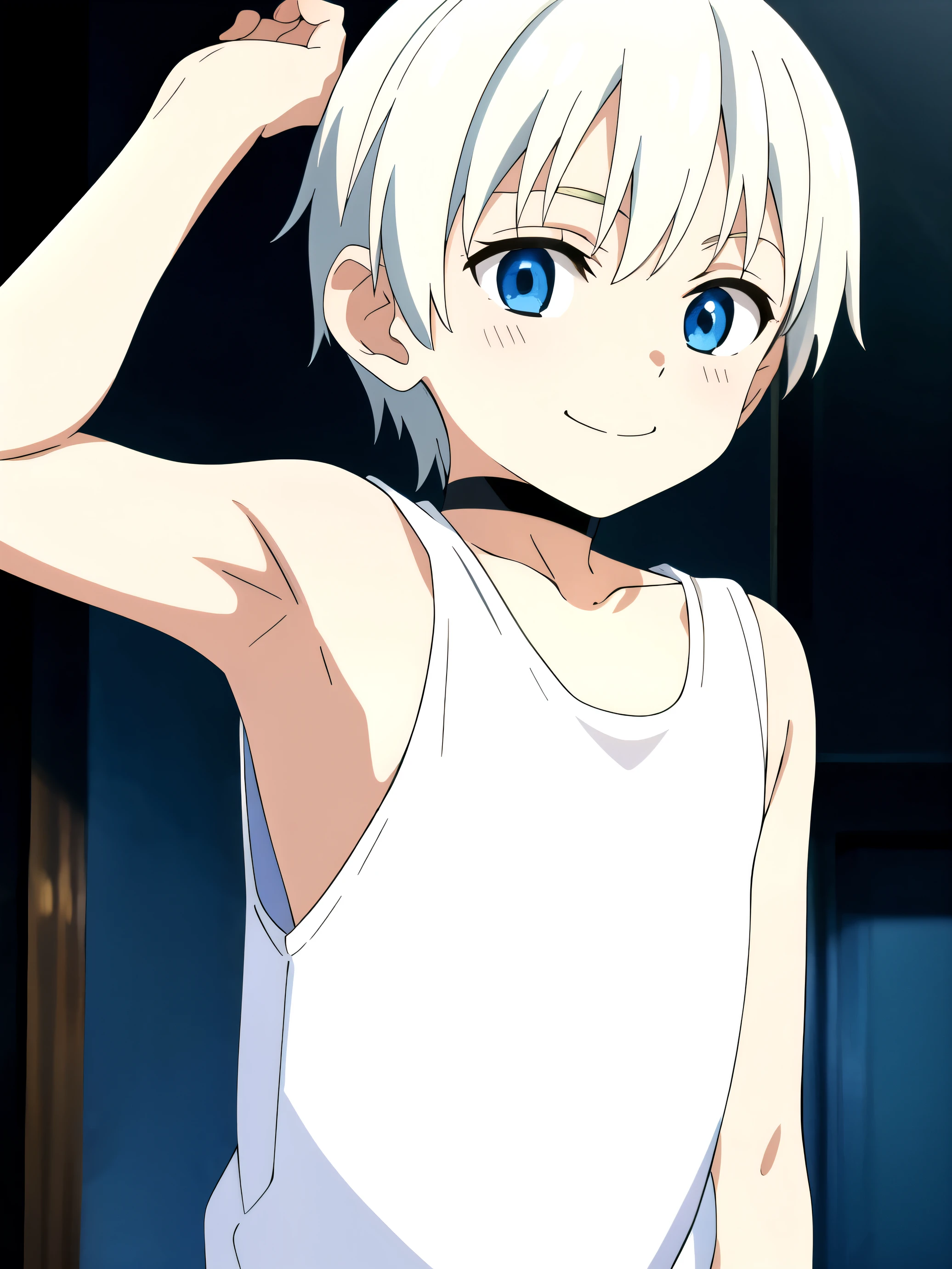 Highres, Masterpiece, Best quality at best,Best Quality,hight quality, hight detailed, 1boy, Shota, Solo, Cute boy, White hair, Blue eye, Torso, Tank top, Smile, Choker, Seen from the front, (Very young boy), (Very small and short body), 12-year-old boys, (Showing armpit:1.3), Simple beckground