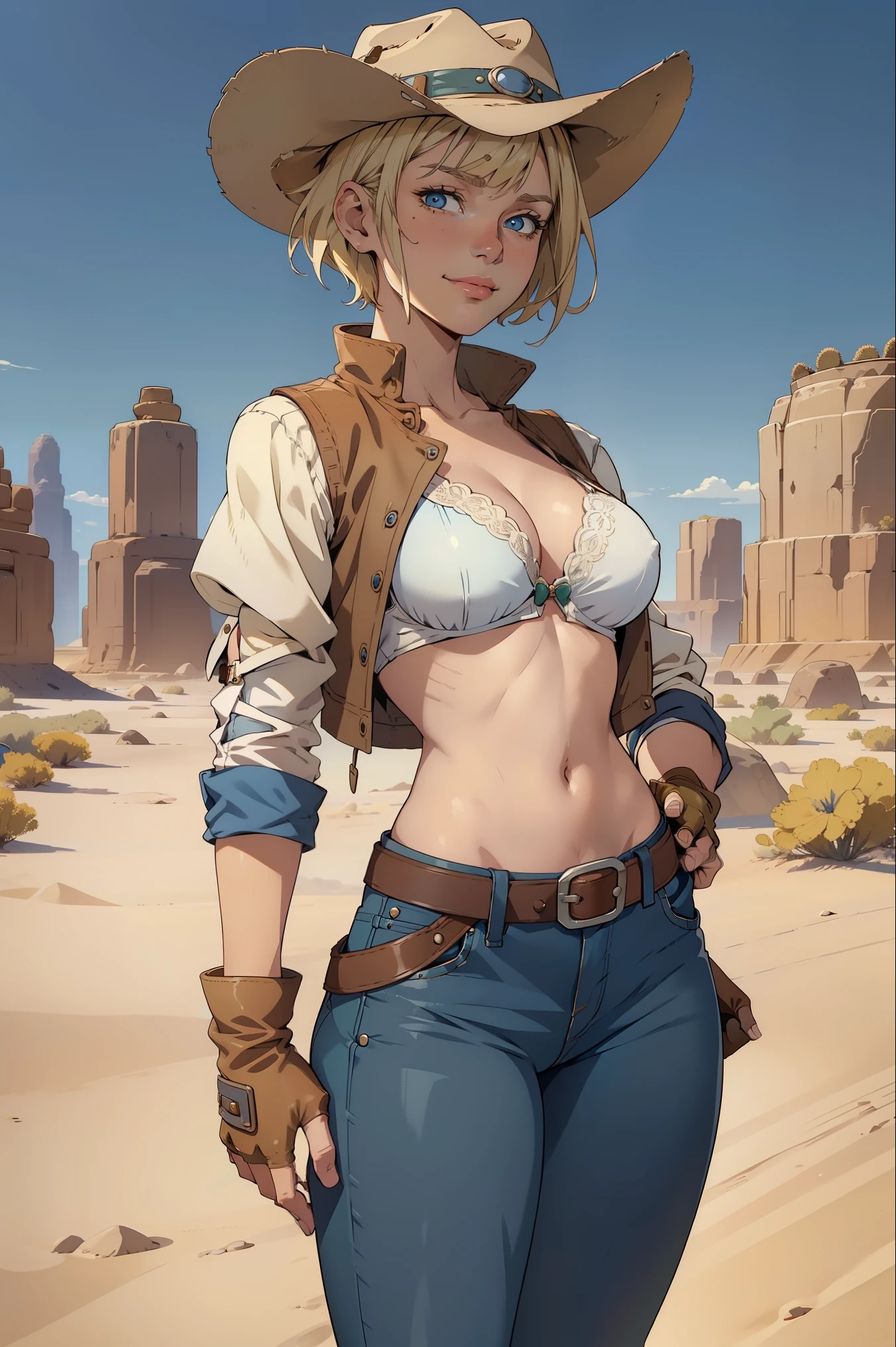 1girl, cowboy hat, white bra, green vest, no sleeves, navel, blue jeans, brown boots, fingerless gloves, short gloves, slight smile, short hair, blonde hair, parted bangs, blue eyes, mole under right eye, American Old West, sunny desert background, belt, best quality, masterpiece