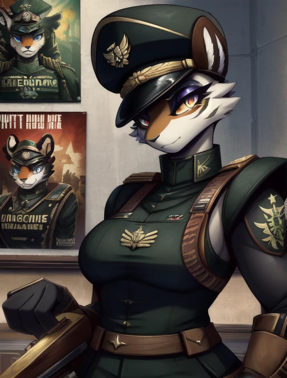 Warhammer_40 thousand_Commissar,((masterpiece)), (Best quality), (detailed), Black uniform sleeveless shirt , mascara, Eyeliner, eyeshadow, Upper body, pomade, женщина anthro furry tiger, Propaganda poster, wicked, bristle,
 (8k contract, masterpiece, Best quality, High quality, absurdity, ultra-detailed)