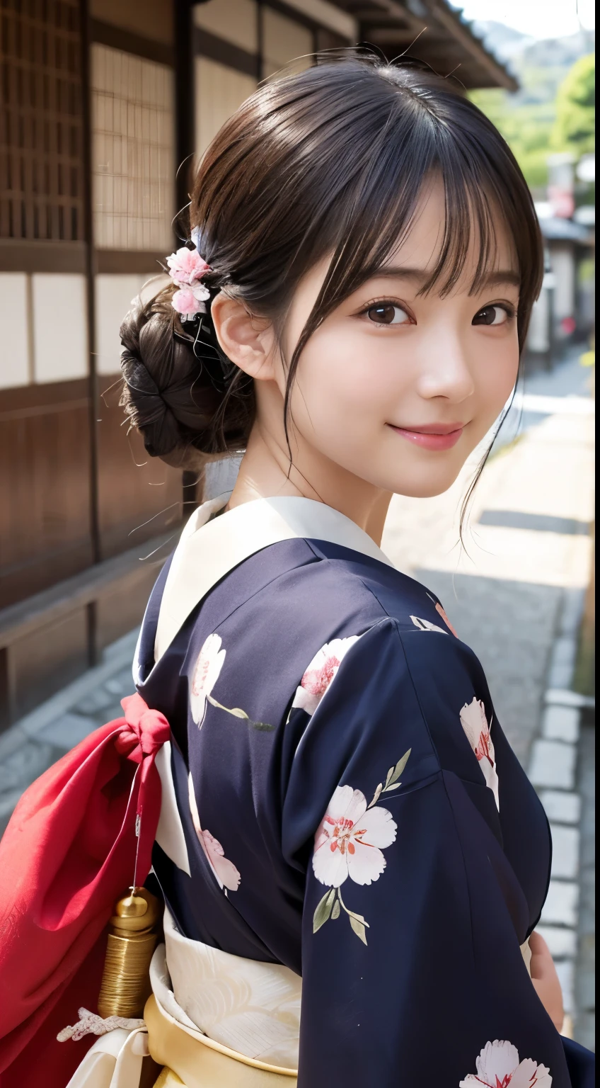 Professional Lighting,(Photorealistic:1.4), (Top image quality:1.0), (超A high resolution:1.0), 8k, Raw photography, (masterpiece:0.2), (Facing the children_v1:0.5)、(最高quality Detail:1.2)、Realistic、8K Ultra HD、High resolution、(1 girl:1.2)、超detailedな、High quality textures、複雑なdetailed、detailed、Very detailed CG、High quality shadows、detailed 美しく繊細な顔、Beautiful details and a delicate eye、(Symmetrical eyes:1.2),Written boundary depth、Ray Tracing,1 girl, Japanese Girls, (Natural smile:1.4),cute, thin, Portrait of a beautiful Japanese woman in a kimono, Standing elegantly on a street corner in Kyoto. Kimono with vibrant traditional patterns, Hair decorated with elegant and delicate hairpins, Gentle expression. (With the old streets of Kyoto in the background:1.4)、The soft light of a spring afternoon、Adding tranquility to the scene. Rendered in a Realistic style with great attention to detail, High resolutionの画像.Sky Porn, Magic Hour, (Realistic:1.3), finely, quality, (Tabletop:1.2), (Realistic:1.2), (最高quality), (複雑なdetailed), dramatic, Ray Tracing, photograph, +roller