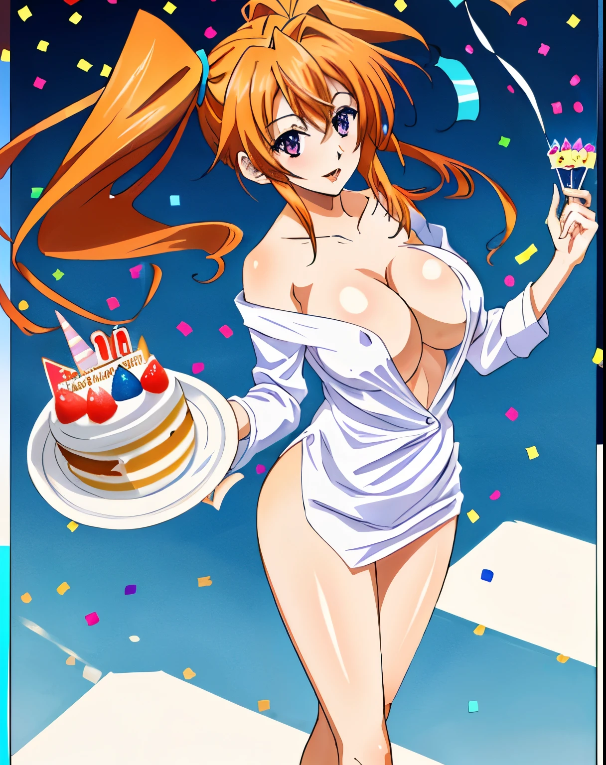 masterpiece, best quality, ultra-detailed, hires, beautiful, detailed hair and eyes,
1girl, purple eyes, Irina Shidou dxd, orange hair, long hair,large breasts, school yard background,standing with birthday cake, (((Party background:1.2)) , no clothes (fully naked) 