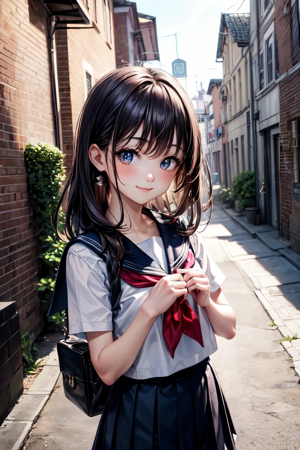 very cute and beautiful girl,(highly detailed beautiful face and eyes),(smile),shy,blush,looking at viewer,
black hair,serafuku,short sleeve,(pleated navyblue mini skirt),standing,holding school bag,
town street,front of brick wall,pink building,
(best quality,masterpiece),absurdres,highres,ultra-detailed,extremely detailed,32k,8k resolution,
intricate details,cinematic scene,detailed background,solo,dynamic angle,perfect hands,