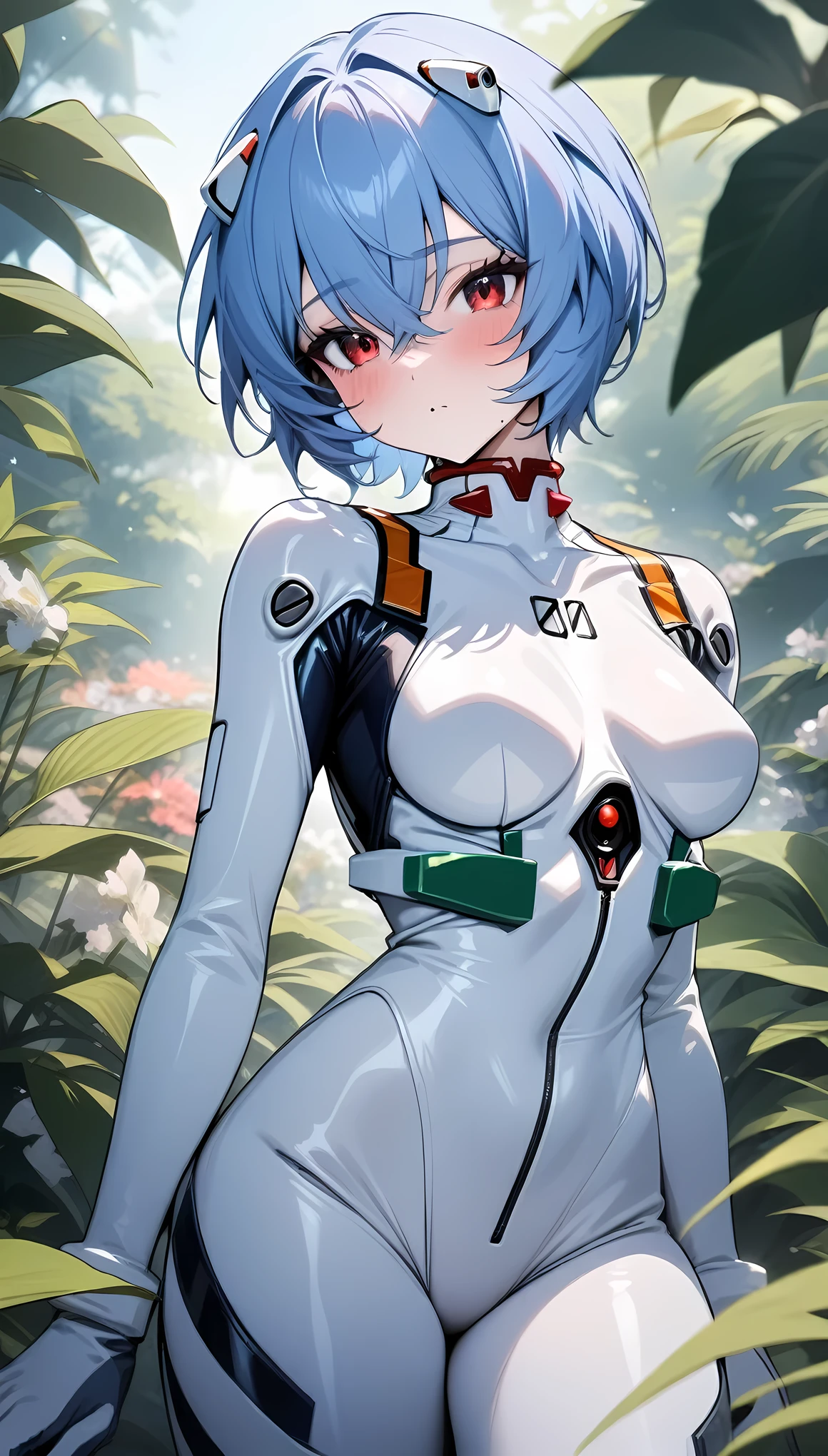 masterpiece, best quality, very aesthetic, absurdres, 1girl, mature_lady, ,,Ayanami Rei,white bodysuit,red eyes,pilot suit,short hair,blue hair,bangs,interface headset,turtleneck,hair between eyes,,in garden,floating_clothes,(cum_on_body:1.3)