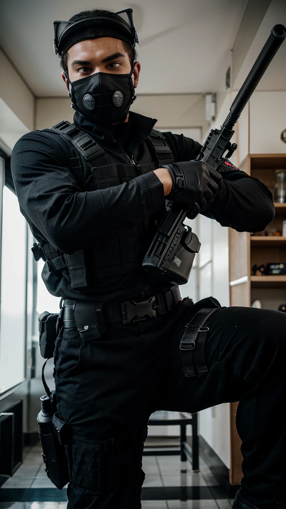 Counter terrorist, swat vest, black gloves, swat helmet, ninja mask, grip assault ak74, man,