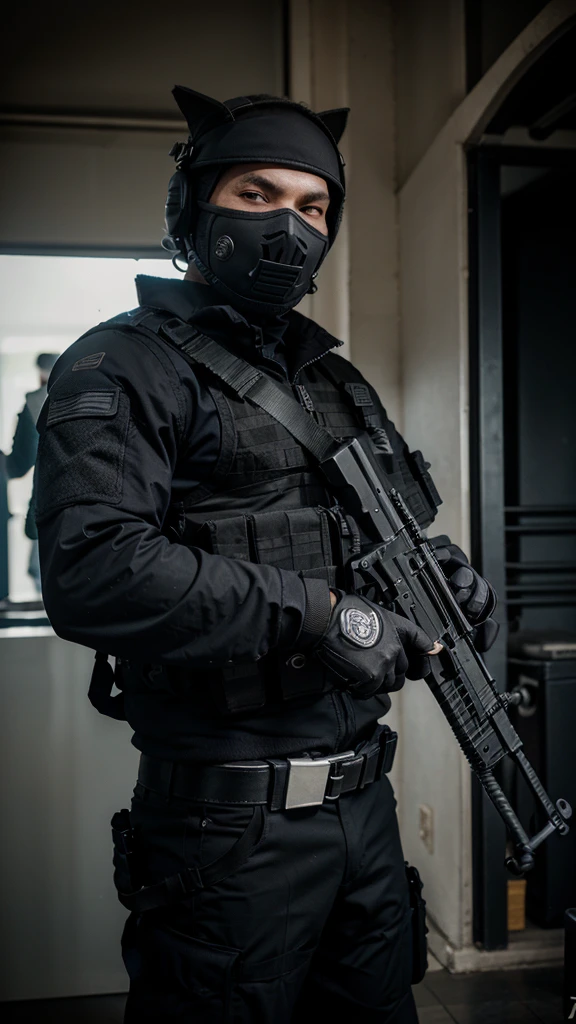 Counter terrorist, swat vest, black gloves, swat helmet, ninja mask, grip assault ak74, man,