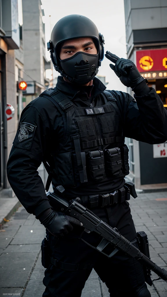 Counter terrorist, swat vest, black gloves, swat helmet, ninja mask, grip assault ak74, man,