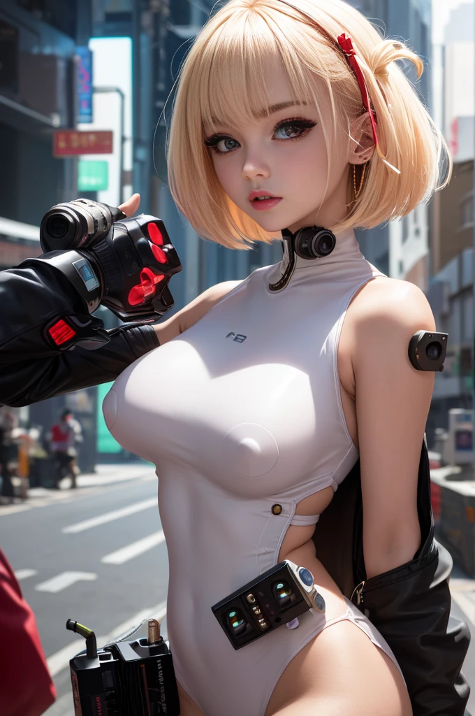 optimal，masterpiece，High resolution，Best quality，Ultra HD，Super Detail，The award-winning，16K，solo，（Upper part of the body），Anatomically correct，Beautiful cyberpunk girl，Cowboy shooting、cute face，，A blonde、bob cuts、Red ribbon hair ornament、hairline，（（Scarlet eyes）），Long eyelashes，Drooping corners of the eyes，White skin，((Head-on shooting)), ((Plug set:1.5)), ((Clocks、)), ((Clear nipples))、Rocket , （slim），