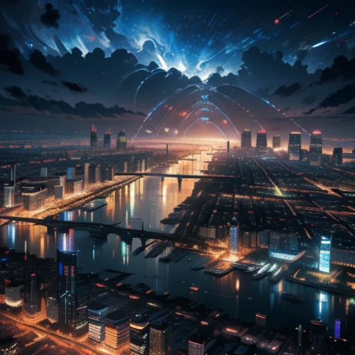 ((Masterpiece, Best Quality, Photorealistic)), (Night Cityscape), (NSFW, 8K Wallpaper, High resolution), Detailed Architecture, Glittering Skyscrapers, Reflective Water Surface, Dynamic Lighting, Colorful Neon Lights, Foggy Atmosphere, Deep Depth of Field, (1.5 Concept Art, Cityscape:1.0), Immersive Perspective, (Vivid, Stunning), (State-of-the-art renderings), (Ultra-realistic sky scene), (Extremely detailed background:1.0), City of Lights, Beautiful Night View, Urban Skyline, Co