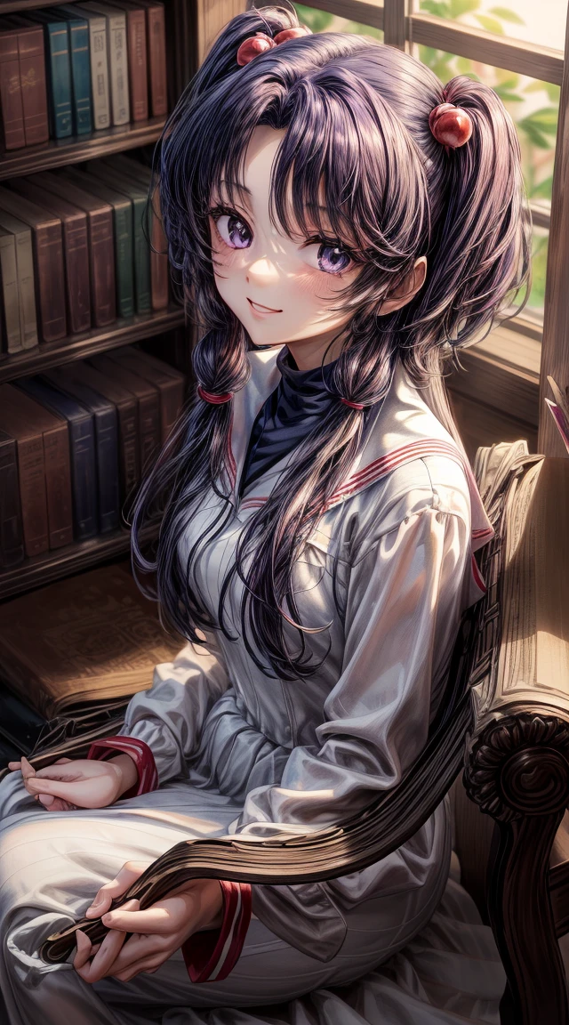 anime art, (masterpiece, best quality, perfect face, highest detailed face, colorful), 1girl. (((Kotomi))), face focus, full body, (((white dress:1.2))), purple hair, purple eyes, slight smile, beautiful eyes, looking at viewer, library at background, sunlight passing through hair, (extreme detailed, intricate details, cozy light)