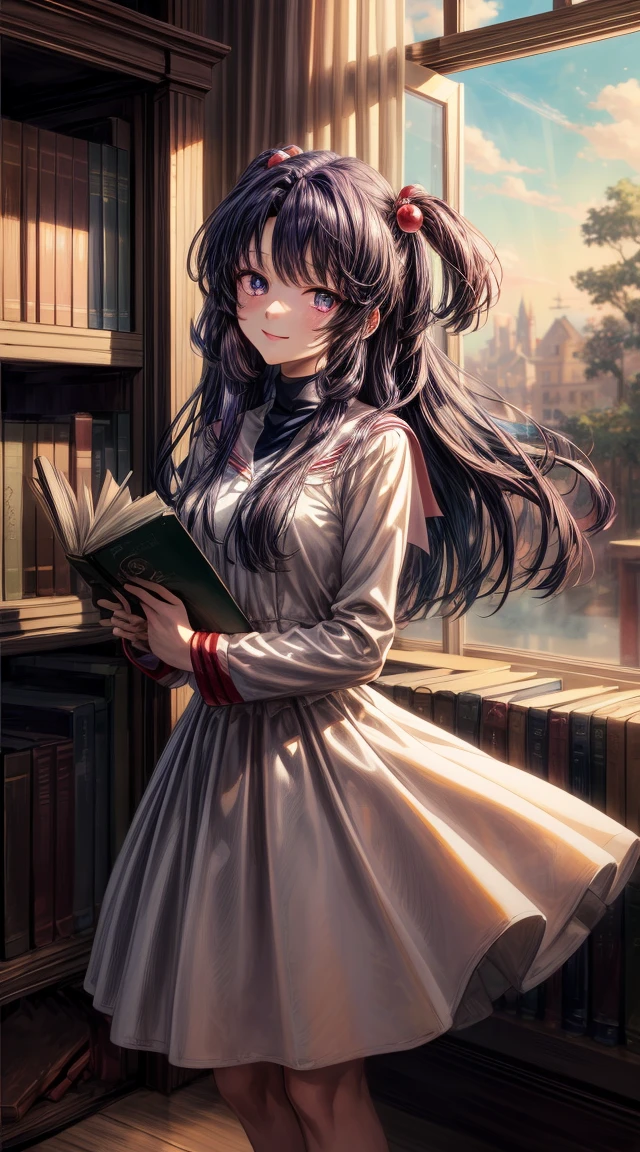 anime art, (masterpiece, best quality, perfect face, highest detailed face, colorful), 1girl. (((Kotomi))), face focus, full body, (((white dress:1.2))), purple hair, purple eyes, slight smile, beautiful eyes, looking at viewer, library at background, sunlight passing through hair, (extreme detailed, intricate details, cozy light)