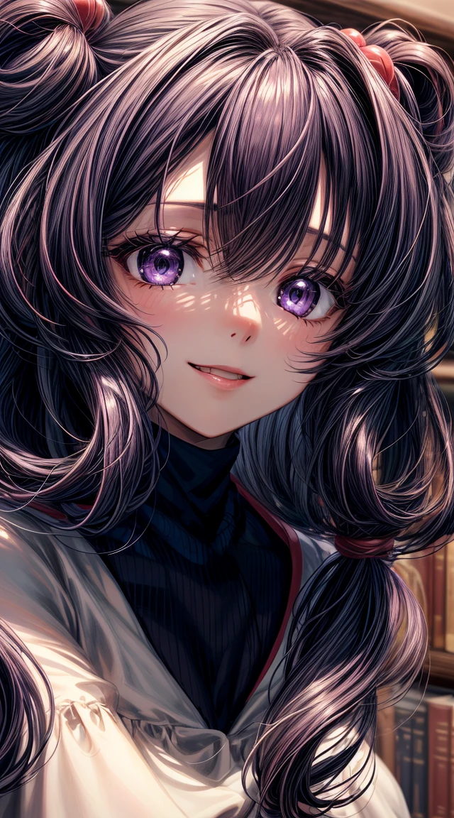 anime art, (masterpiece, best quality, perfect face, highest detailed face, colorful), 1girl. (((Kotomi))), face focus, full body, (((white dress:1.2))), purple hair, purple eyes, slight smile, beautiful eyes, looking at viewer, library at background, sunlight passing through hair, (extreme detailed, intricate details, cozy light)