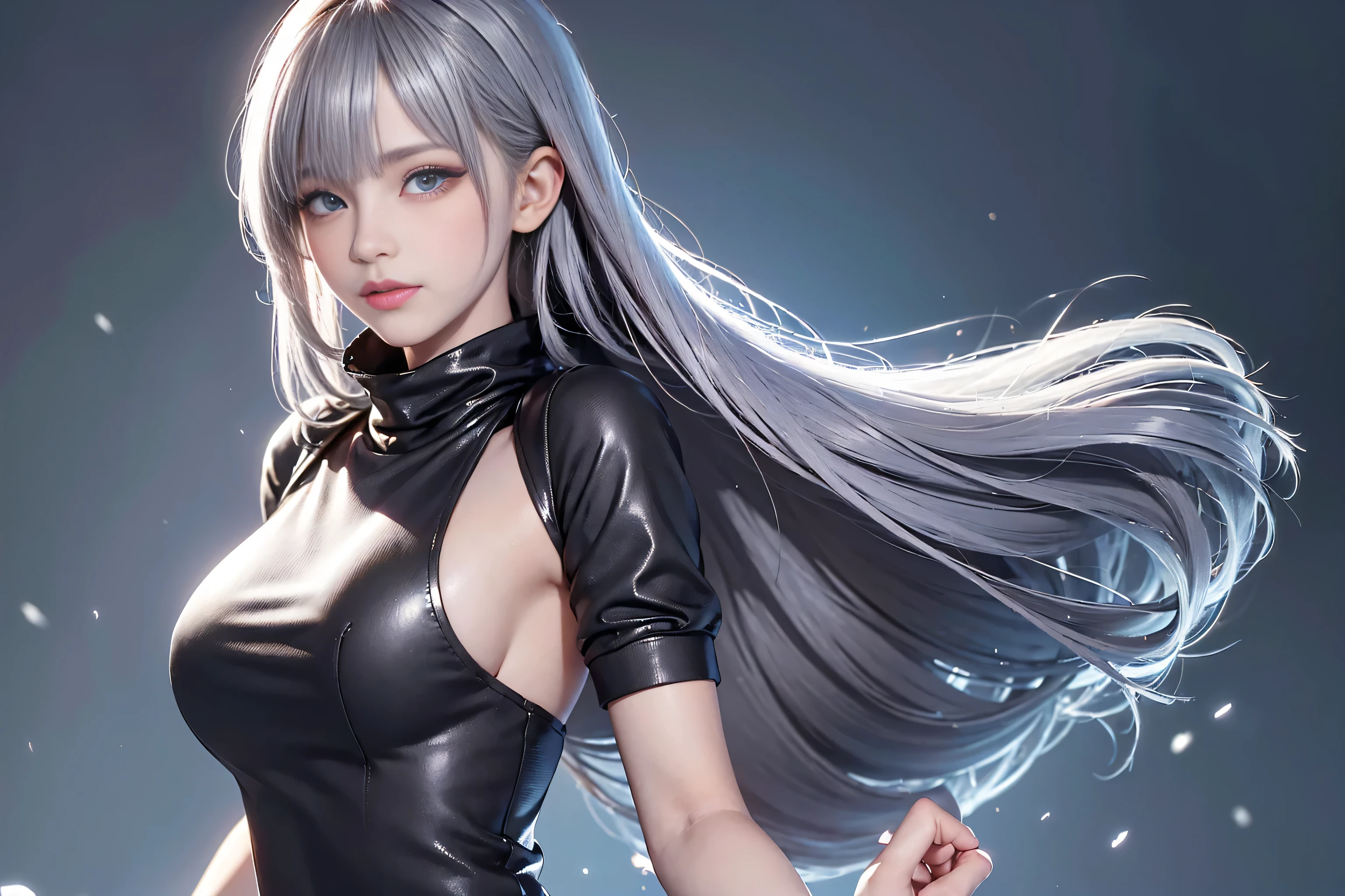 ((masterpiece:1.5、8k、Portraiture、Photorealistic and very detailed CG、Very detailed、Particle Effects、Dynamic Effects、Written boundary depth、Cinematic Light、Lens flare、Ray Tracing、Tabletop、Realistic:1.4、超A high resolution、Realistic、Realistic))((alone、Turtleneck dress,No sleeve、Woman in a black fur coat:1.4、Detailed face、brightexpression、young, bright, Whiter skin、medium beautiful breasts、Best Looks、Ultimate beauty、Grey hair with shiny highlights:1.8、bright and shiny hair,、Arranged Hair、Hair dancing in the wind))(morning、In the background is a snowy hill overlooking the ruins...)sideboob