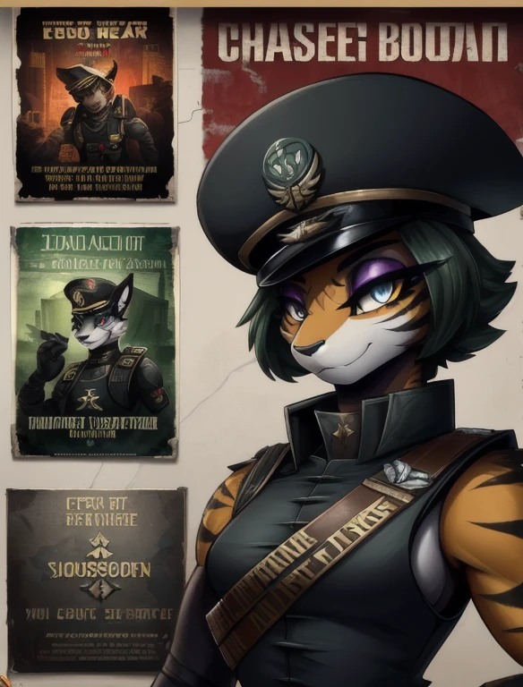 Warhammer_40 thousand_Commissar,((masterpiece)), (Best quality), (detailed), Black uniform sleeveless shirt , mascara, Eyeliner, eyeshadow, Upper body, pomade, женщина anthro furry tiger, Propaganda poster, wicked, bristle,
 (8k contract, masterpiece, Best quality, High quality, absurdity, ultra-detailed)