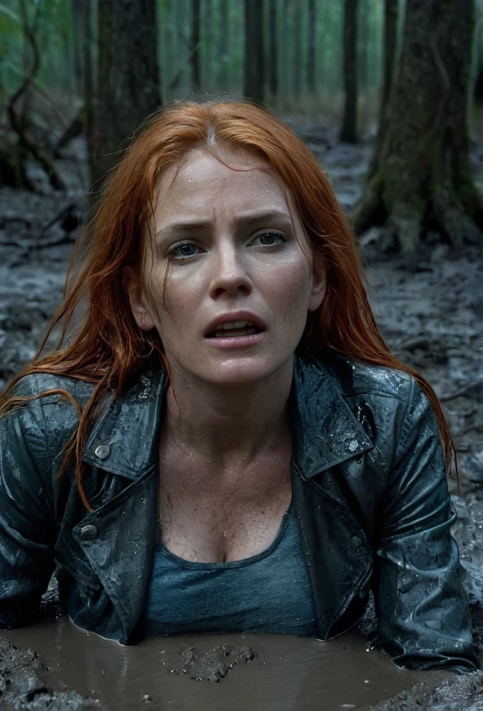 Hyper-realistic, ultradetailed, Raw, masterpiece. A night in a dark forest. 40-years-old woman is drowning in a quicksand sticky cement bog. The swamp sexually devours her body. ((on face: fright, depraved)). jeans, blouse, (leather jacket), shortness of breath, shameful, loses control of himself, ((Trapped in lust, defenseless)), Copper-red hair, sweat, hard breath