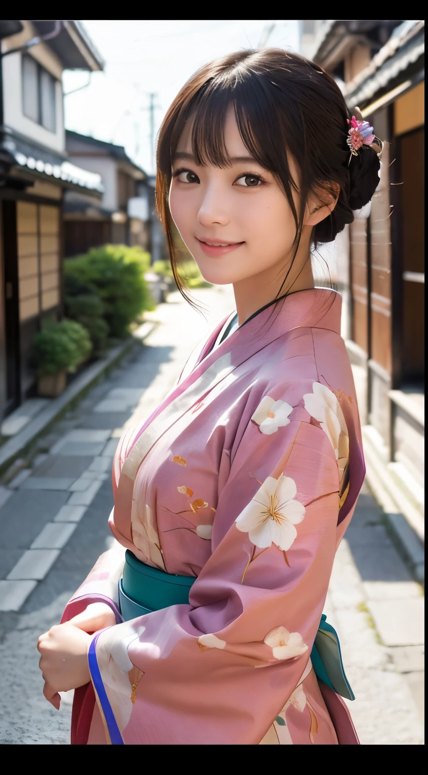 Professional Lighting,(Photorealistic:1.4), (Top image quality:1.0), (超A high resolution:1.0), 8k, Raw photography, (masterpiece:0.2), (Facing the children_v1:0.5)、(最高quality Detail:1.2)、Realistic、8K Ultra HD、High resolution、(1 girl:1.2)、超detailedな、High quality textures、複雑なdetailed、detailed、Very detailed CG、High quality shadows、detailed 美しく繊細な顔、Beautiful details and a delicate eye、(Symmetrical eyes:1.2),Written boundary depth、Ray Tracing,1 girl, Japanese Girls, (Natural smile:1.4),cute, thin, Portrait of a beautiful Japanese woman in a kimono, Standing elegantly on a street corner in Kyoto. Kimono with vibrant traditional patterns, Hair decorated with elegant and delicate hairpins, Gentle expression. (With the old streets of Kyoto in the background:1.4)、The soft light of a spring afternoon、Adding tranquility to the scene. Rendered in a Realistic style with great attention to detail, High resolutionの画像.Sky Porn, Magic Hour, (Realistic:1.3), finely, quality, (Tabletop:1.2), (Realistic:1.2), (最高quality), (複雑なdetailed), dramatic, Ray Tracing, photograph, +roller