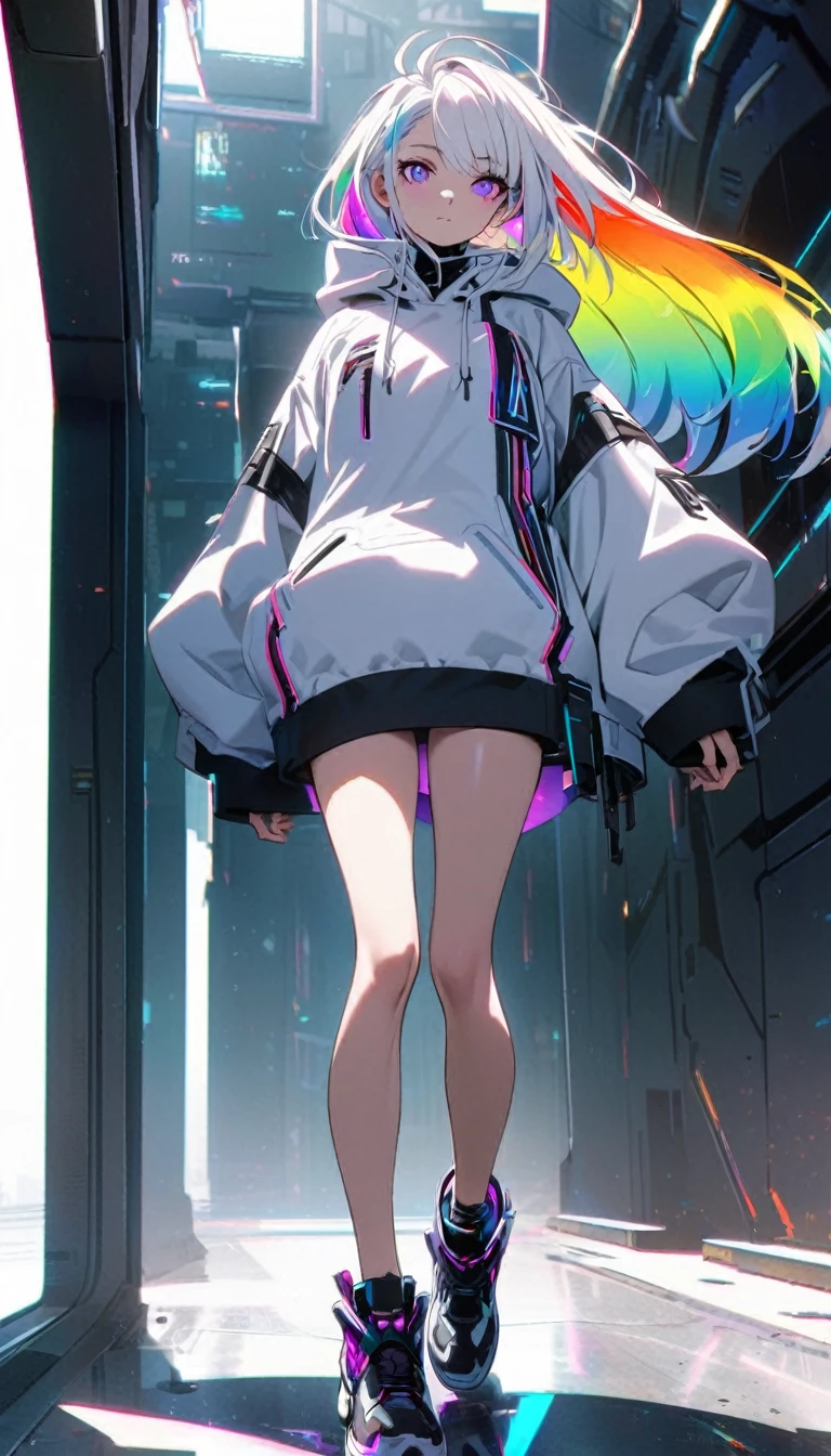 Handsome, Solitary, 1 female, Medium Length Hair, white hair, Rainbow hair, Purple Eyes, Black and white hood, Futuristic, Cyberpunk, Cybernetics，Bare legs